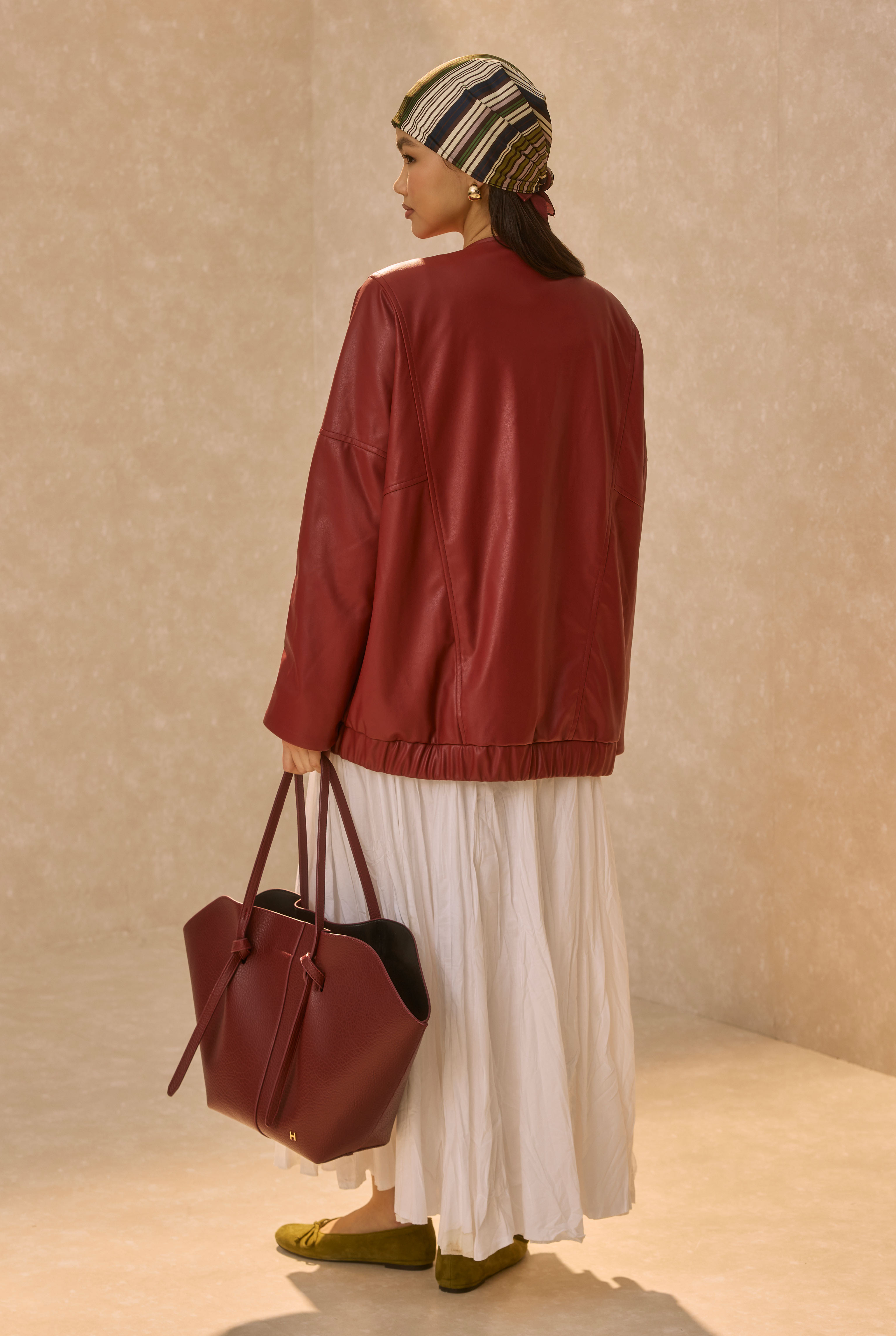 Asymmetric Cut Leather Jacket Bordeaux - 5
