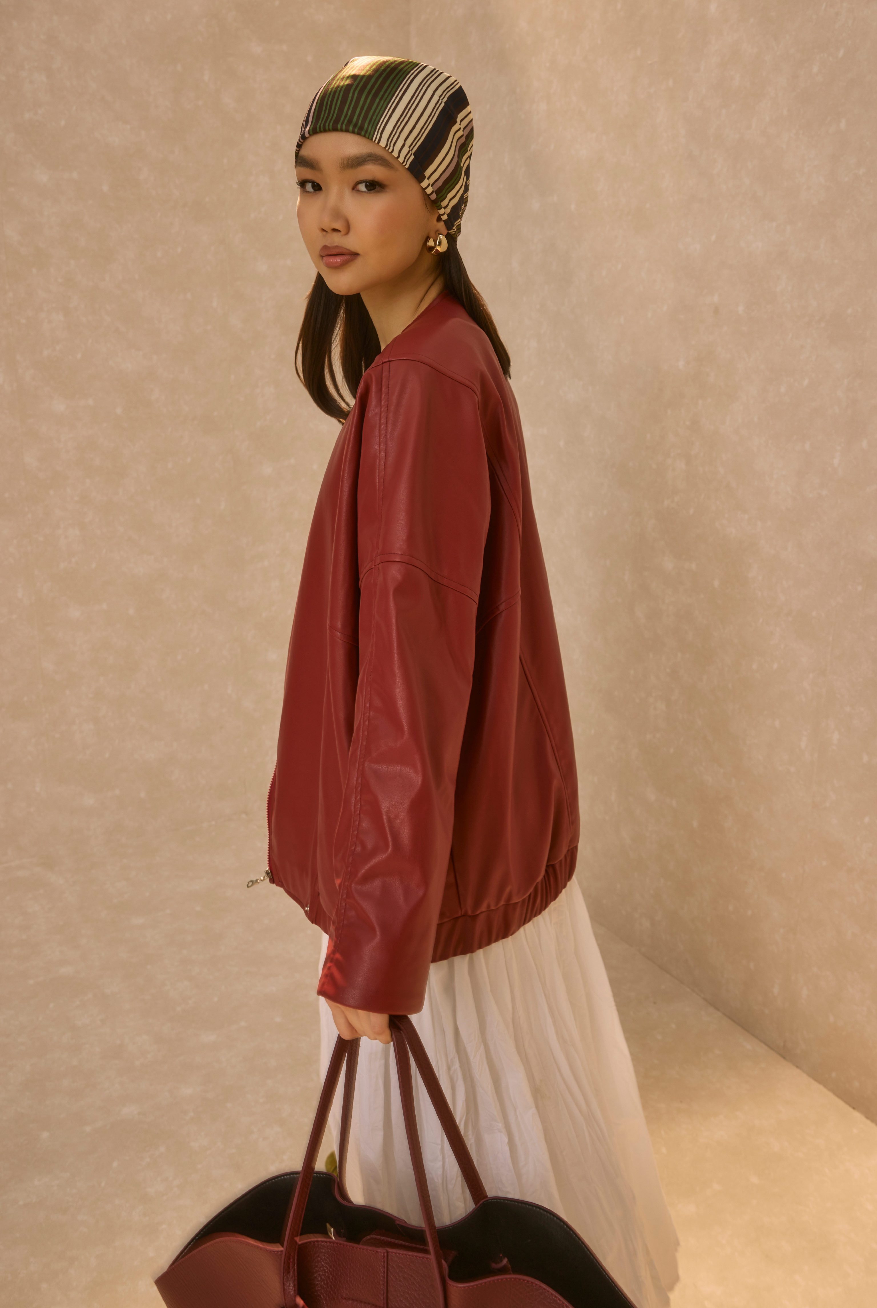 Asymmetric Cut Leather Jacket Bordeaux - 6