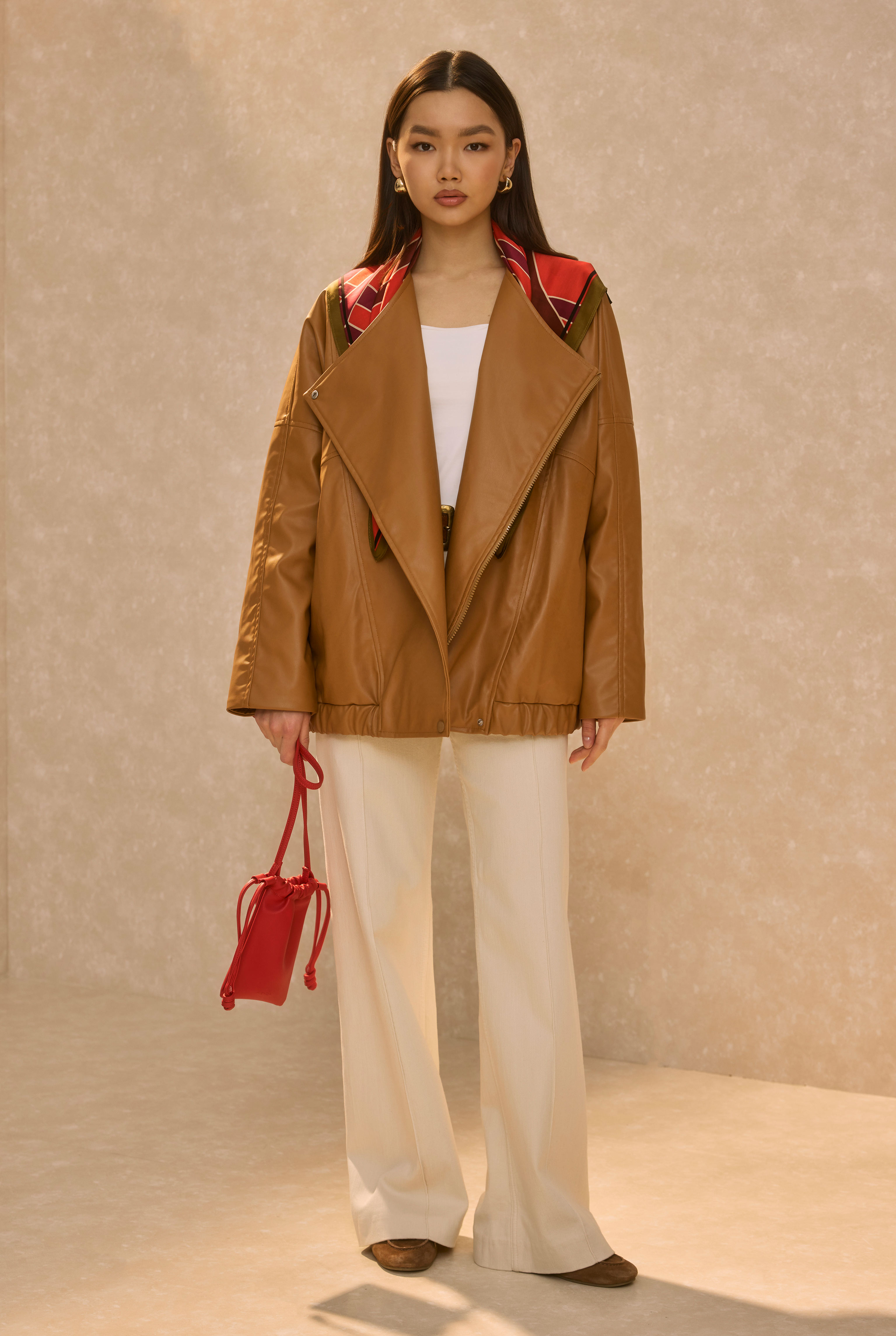 Asymmetric Cut Leather Jacket Tan - 5