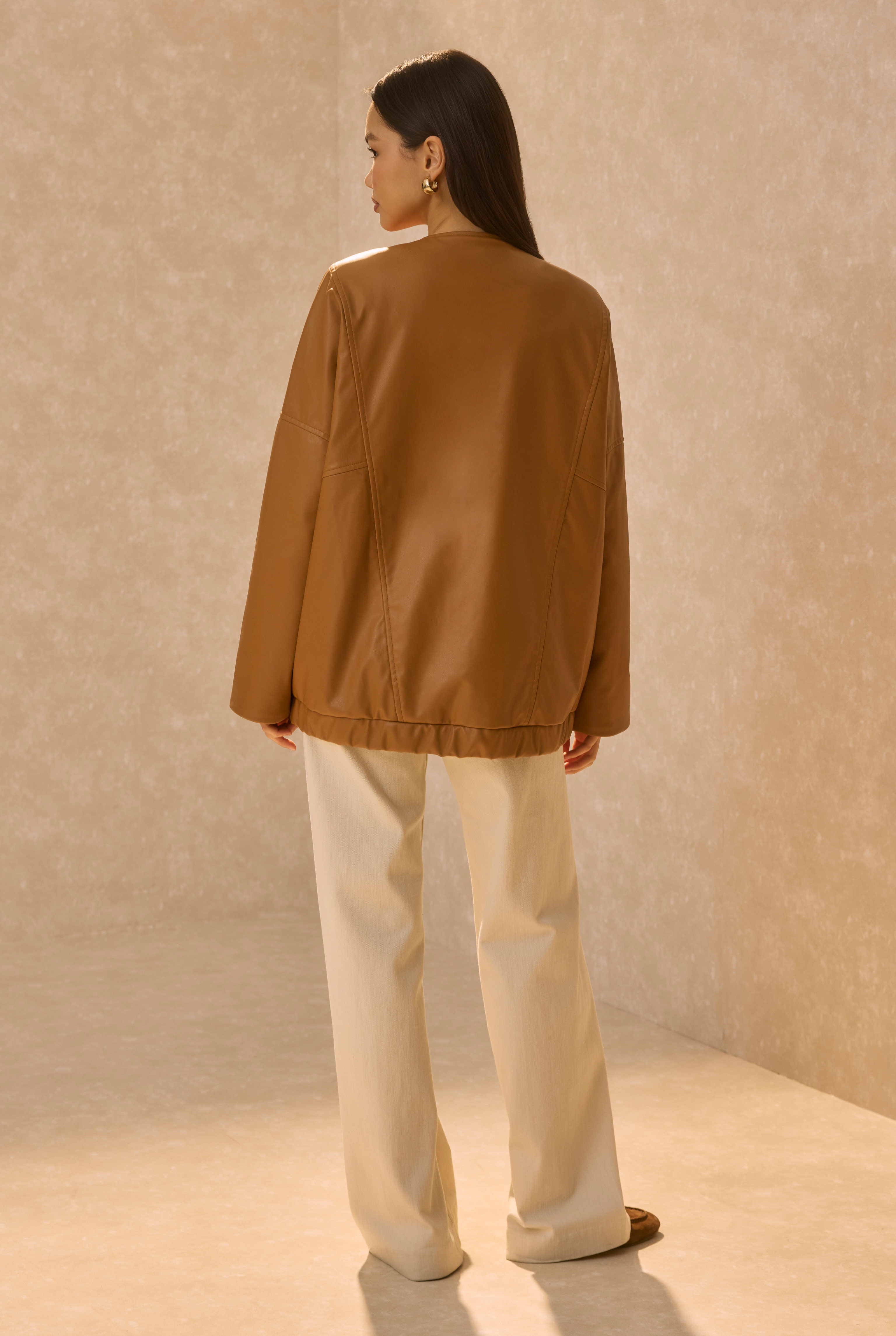 Asymmetric Cut Leather Jacket Tan - 6