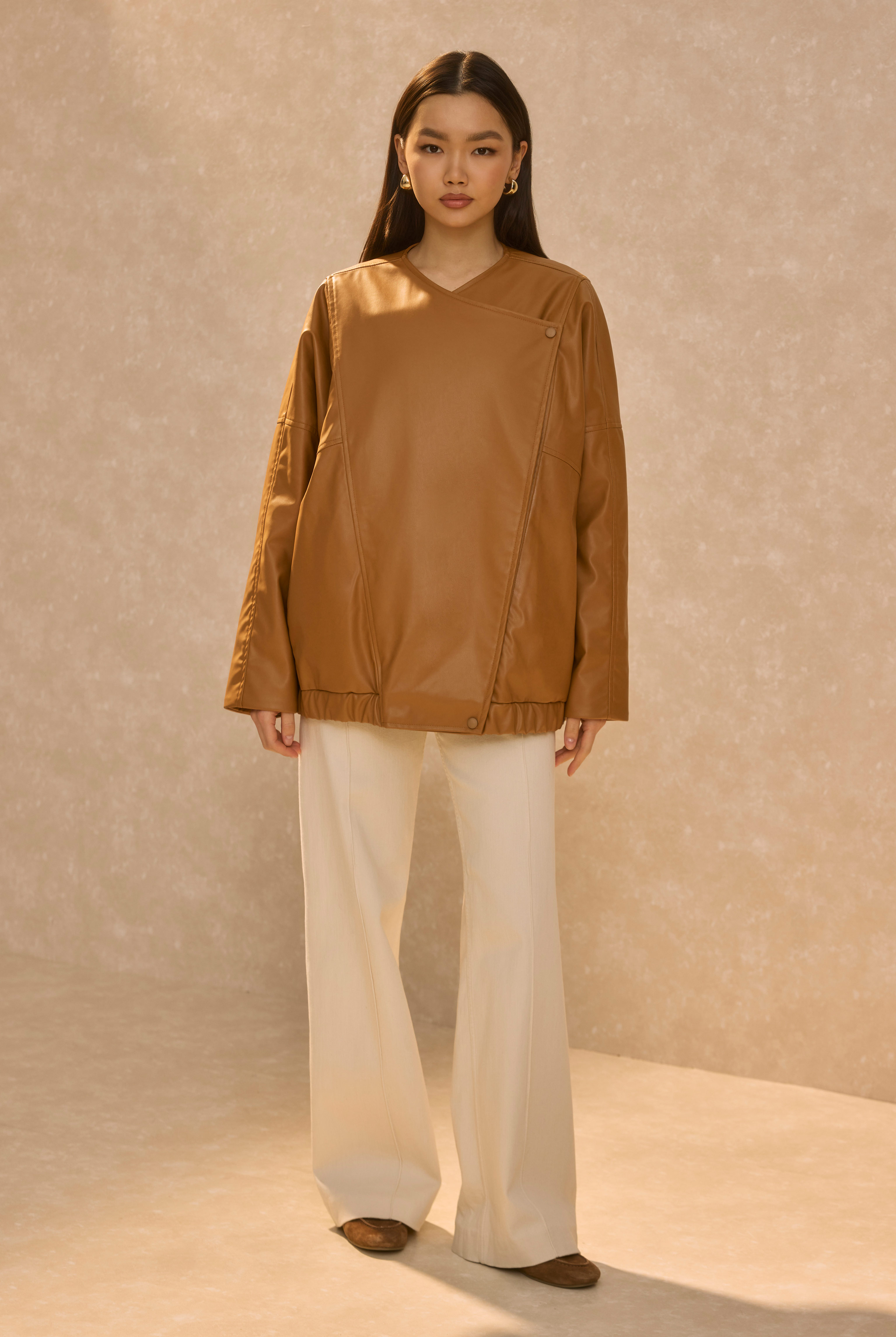 Asymmetric Cut Leather Jacket Tan - 2