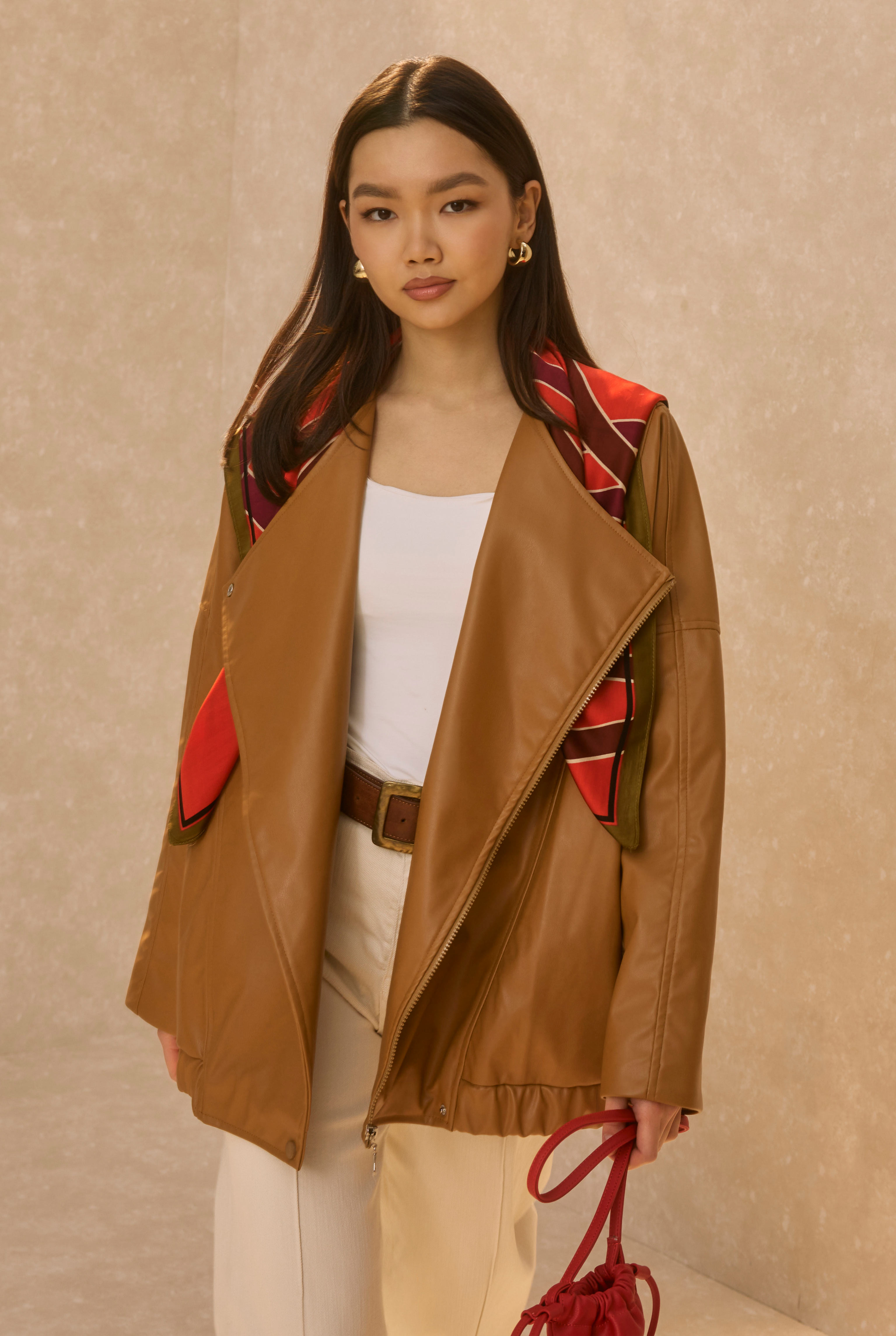 Asymmetric Cut Leather Jacket Tan - 1
