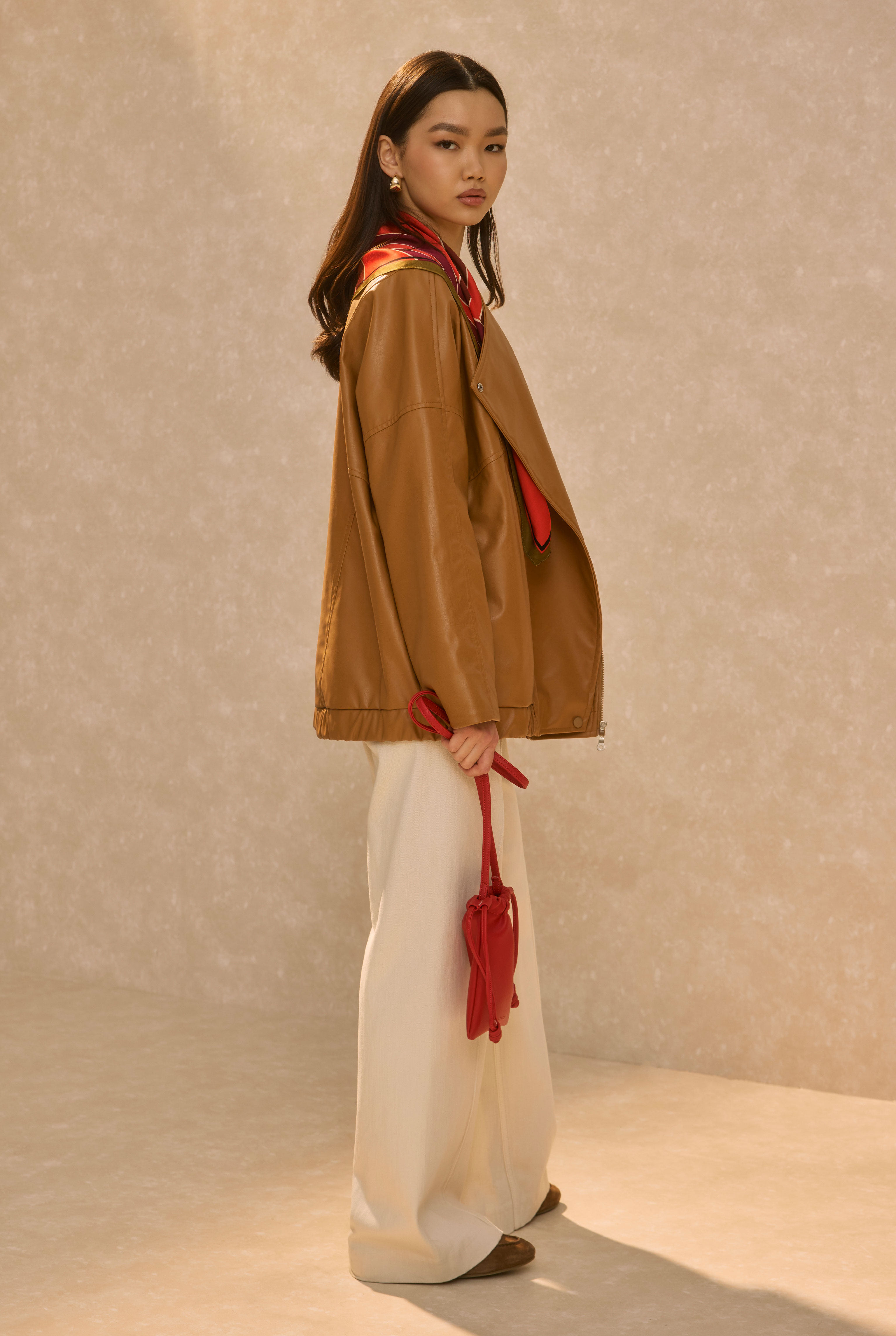 Asymmetric Cut Leather Jacket Tan - 3