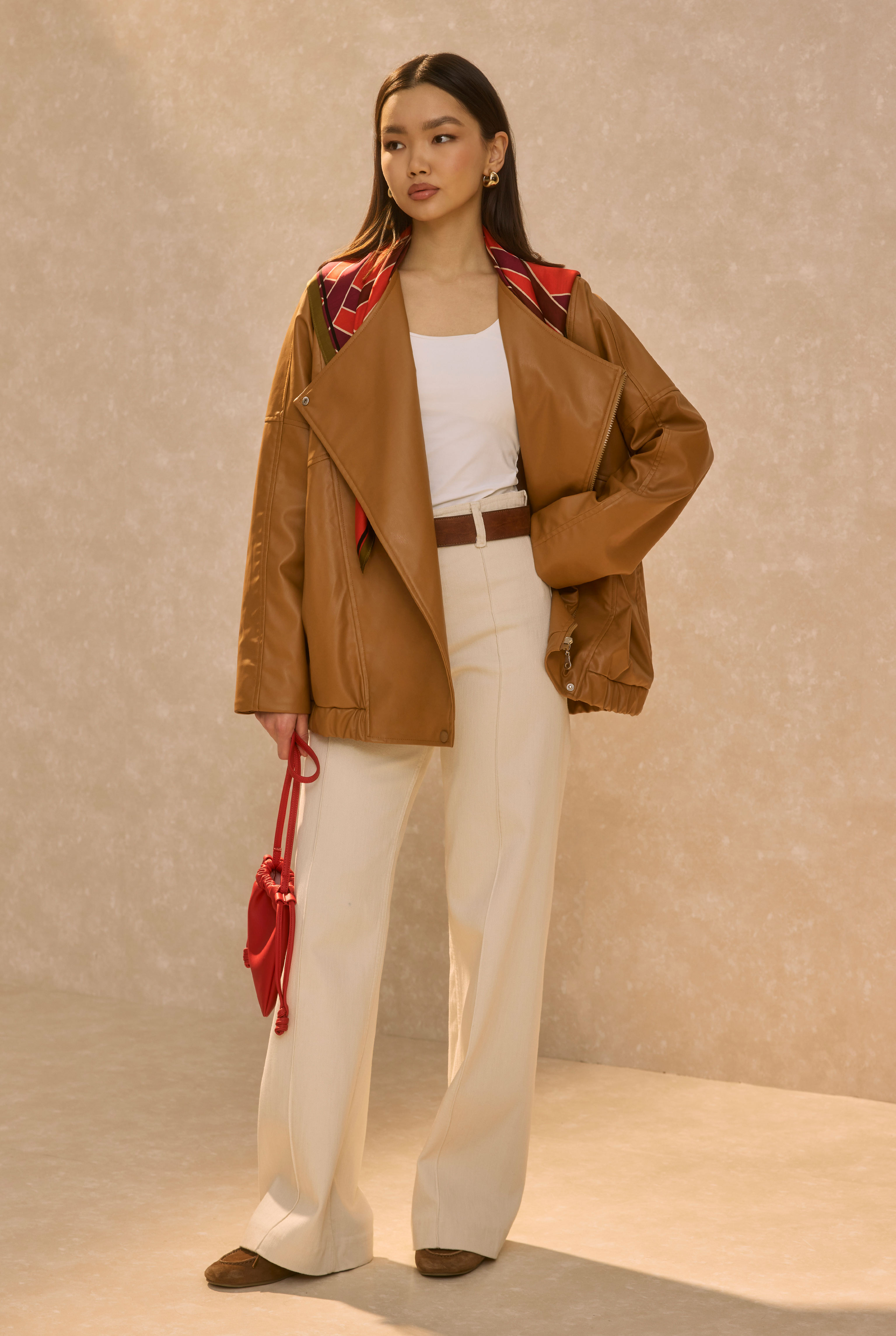 Asymmetric Cut Leather Jacket Tan - 4