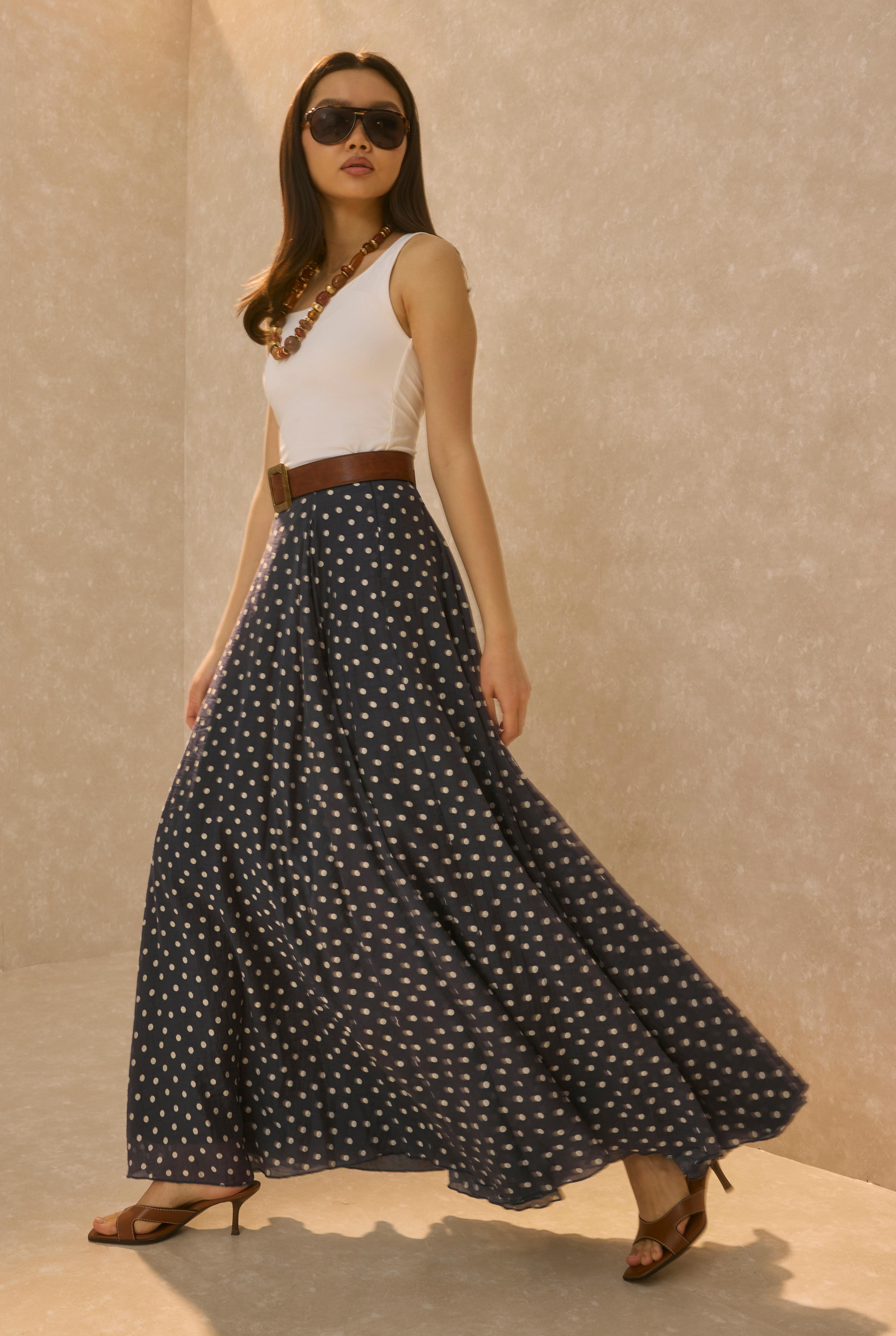  Polka Dot Print Volant Skirt Navy Blue - 2