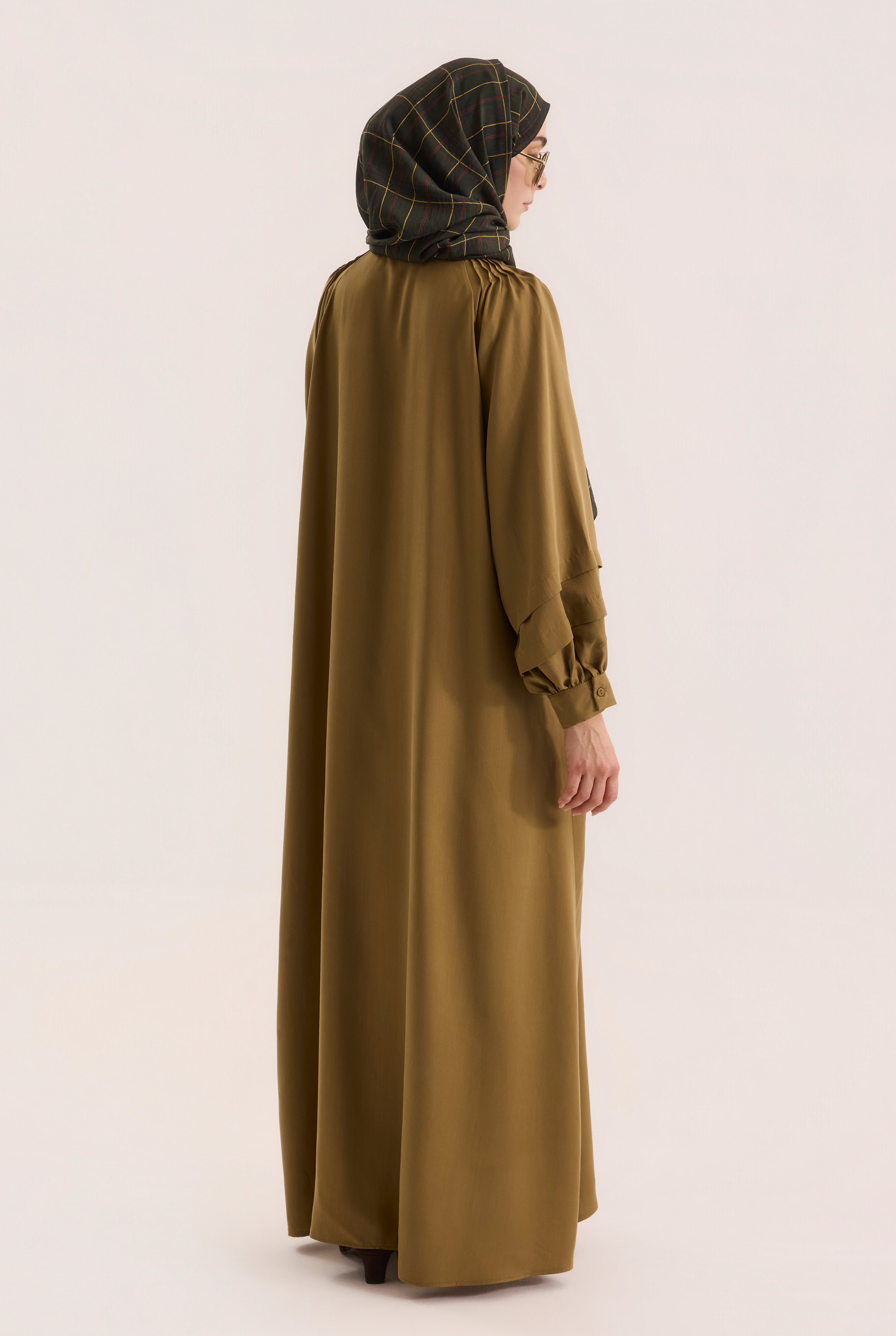 Shoulder Ruched Lyocell Abaya Oil Green - 5