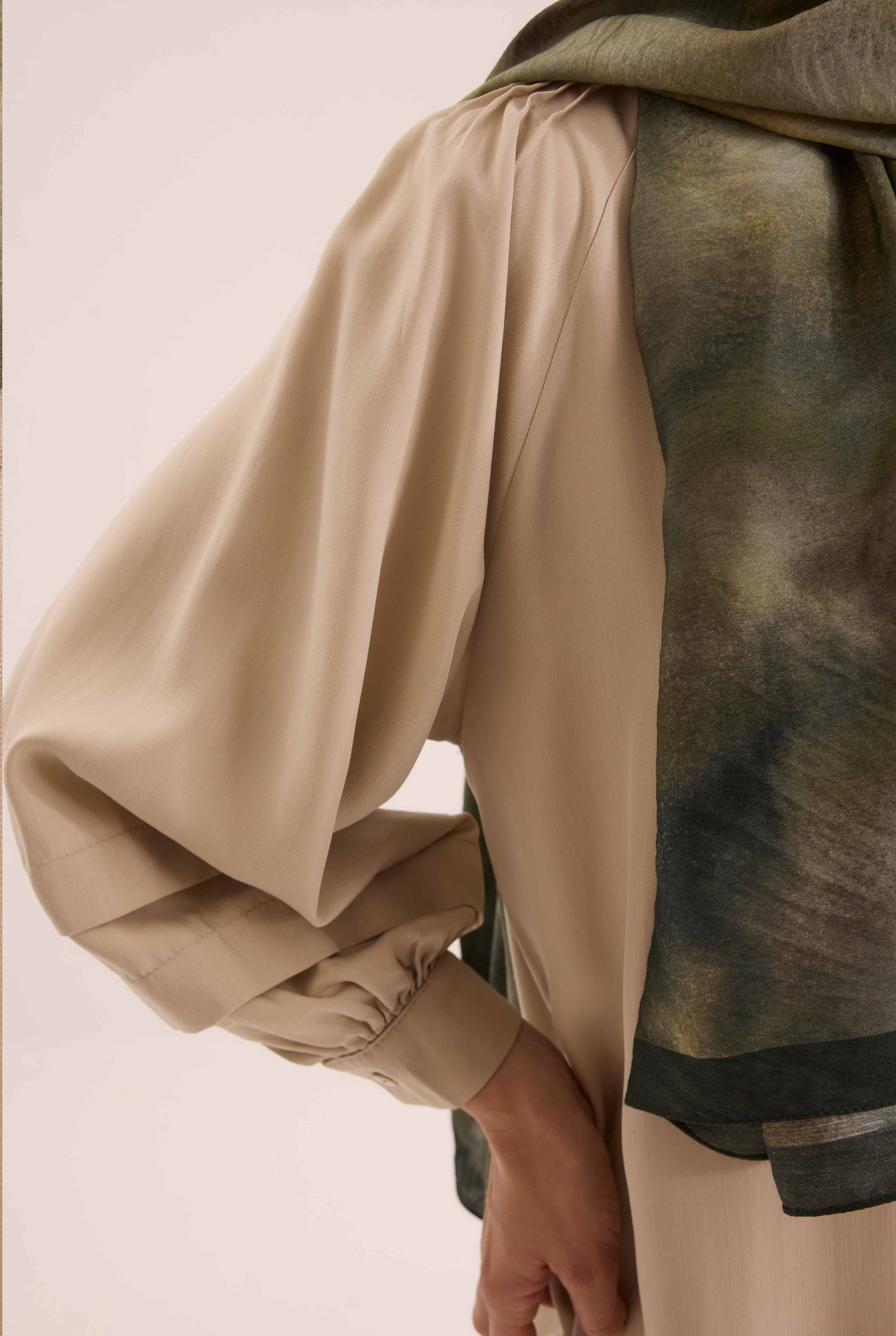 Shoulder Ruched Lyocell Abaya Stone - 3