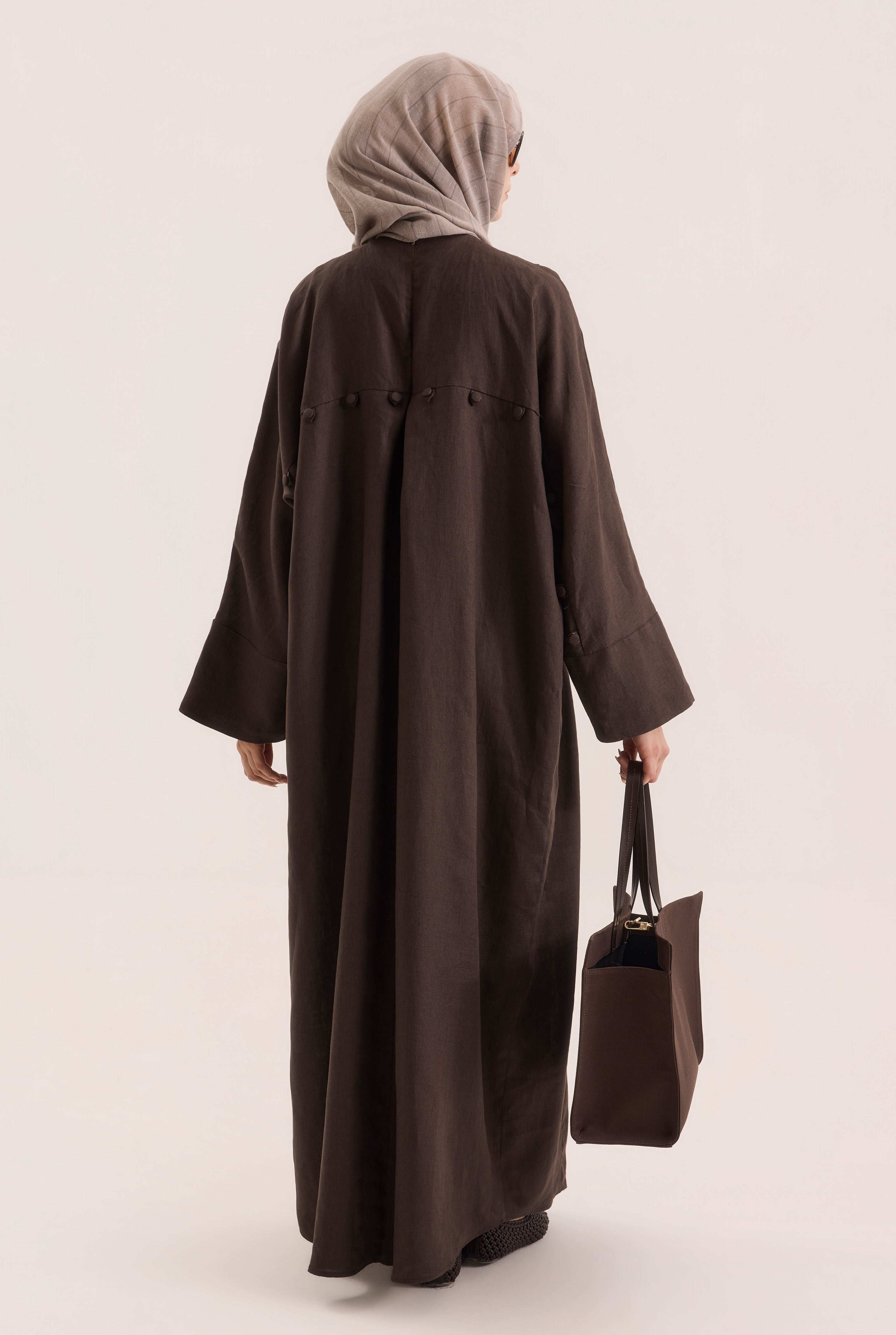 Pintuck Detailed Linen Abaya Dark Brown - 5