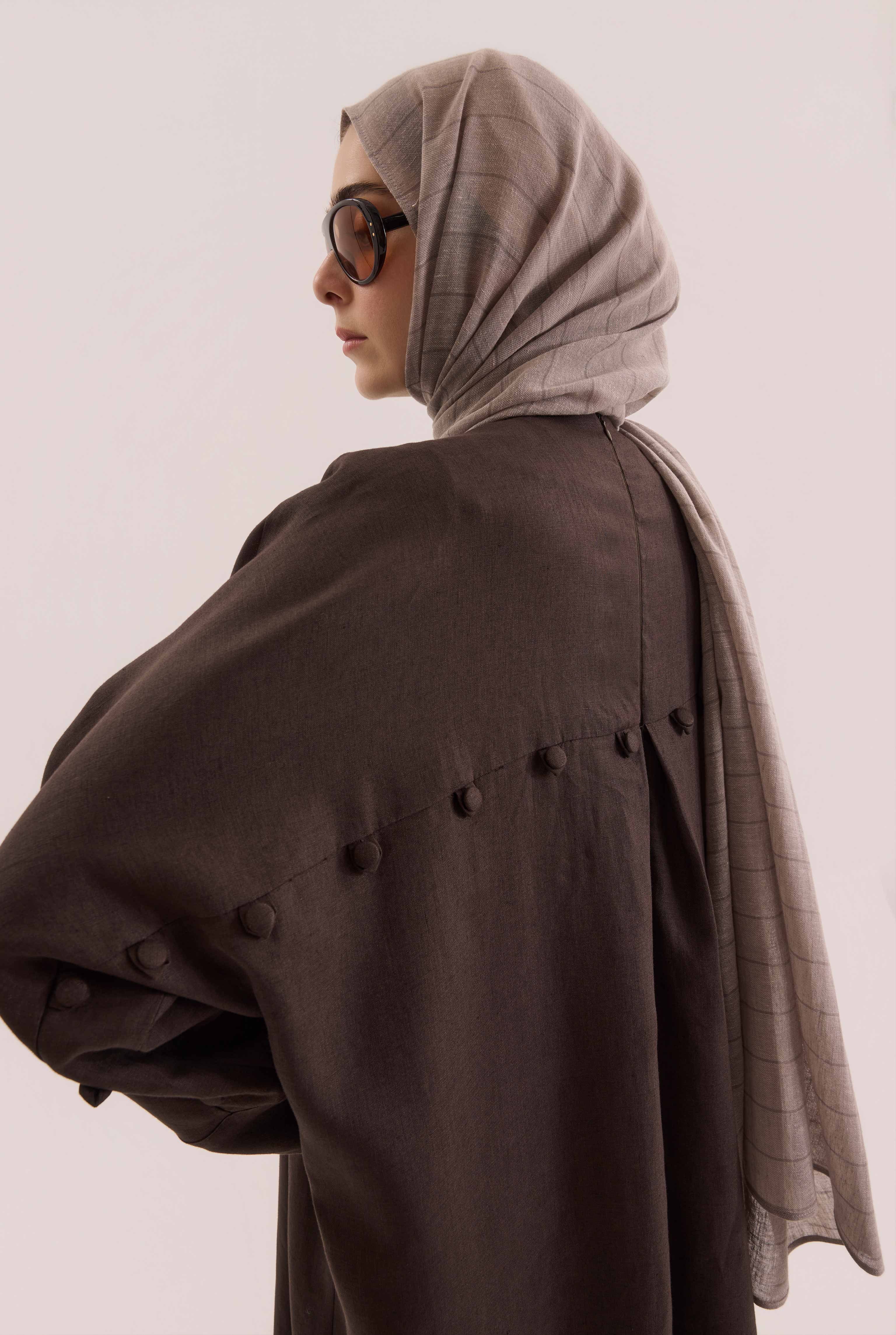 Pintuck Detailed Linen Abaya Dark Brown - 6