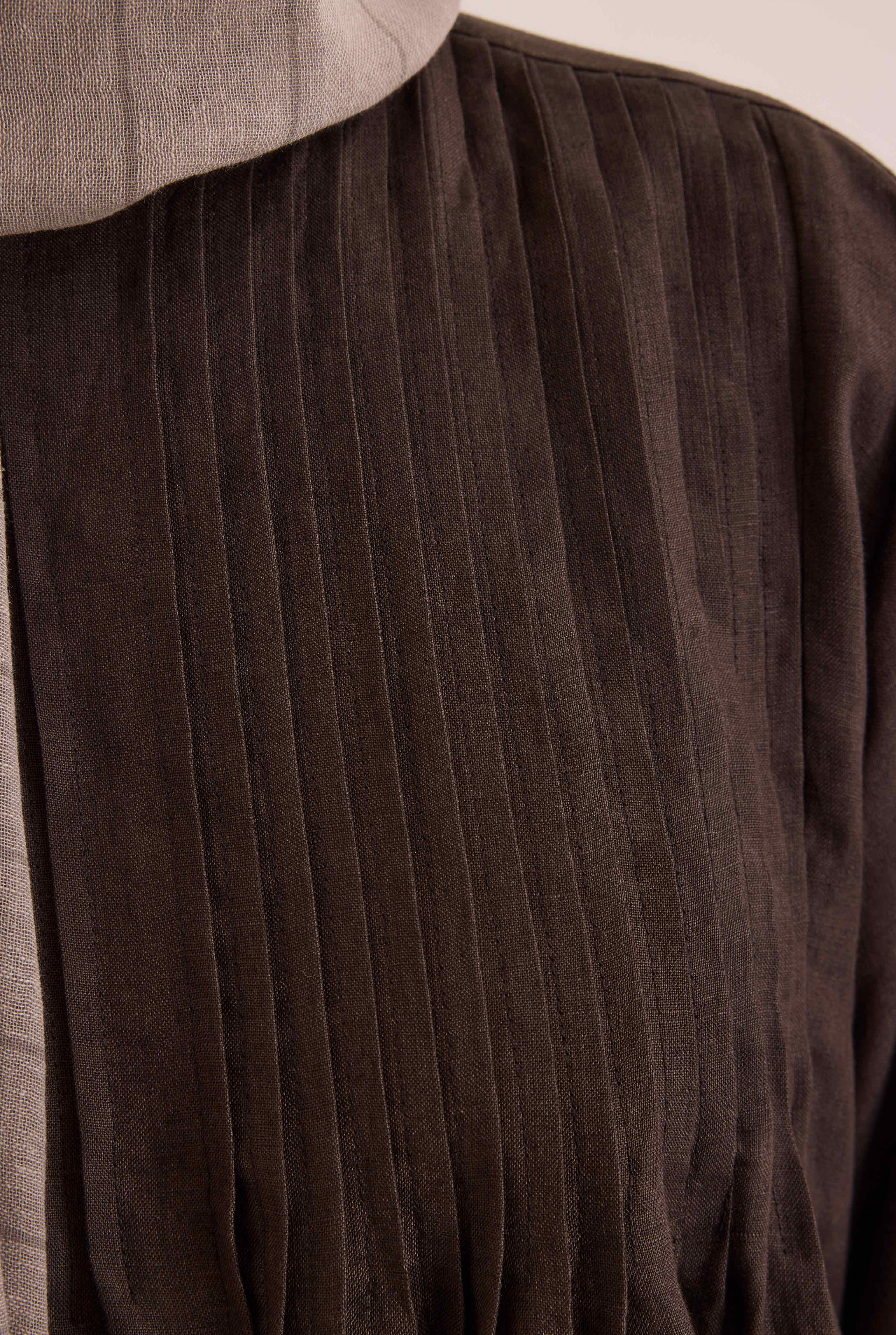 Pintuck Detailed Linen Abaya Dark Brown - 4