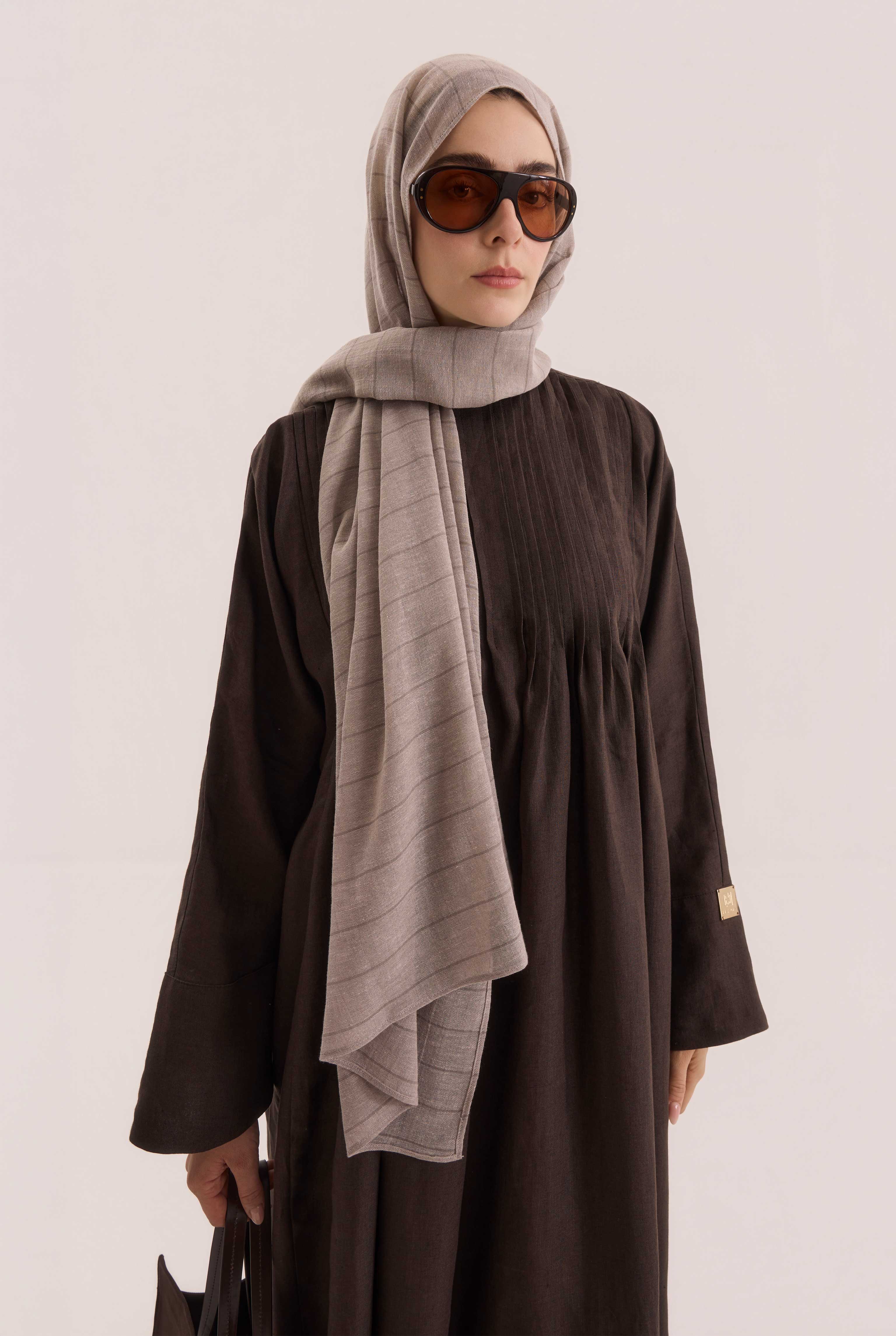 Pintuck Detailed Linen Abaya Dark Brown - 3