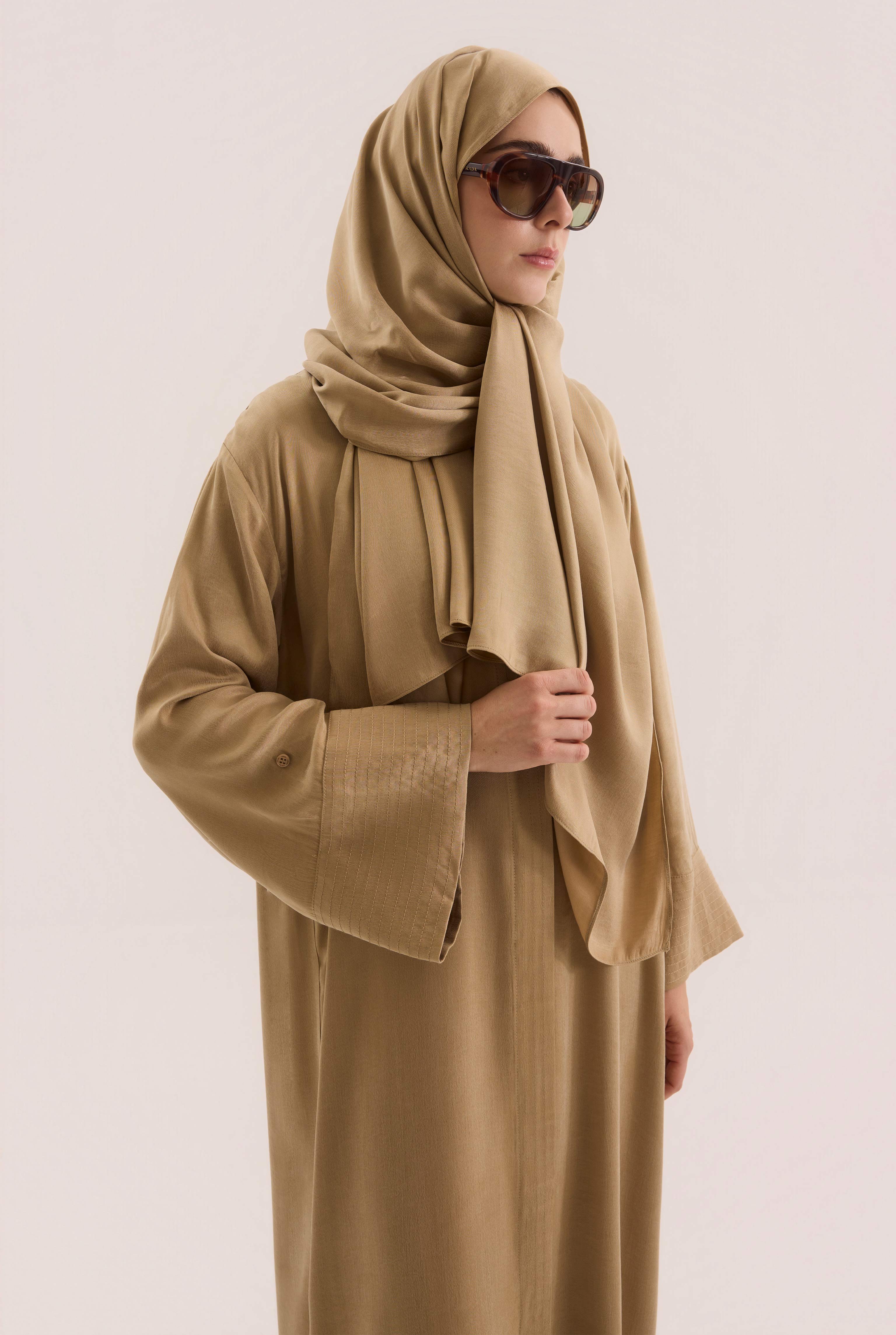 Contrast Stitch Lyocell Abaya Set Honey - 5