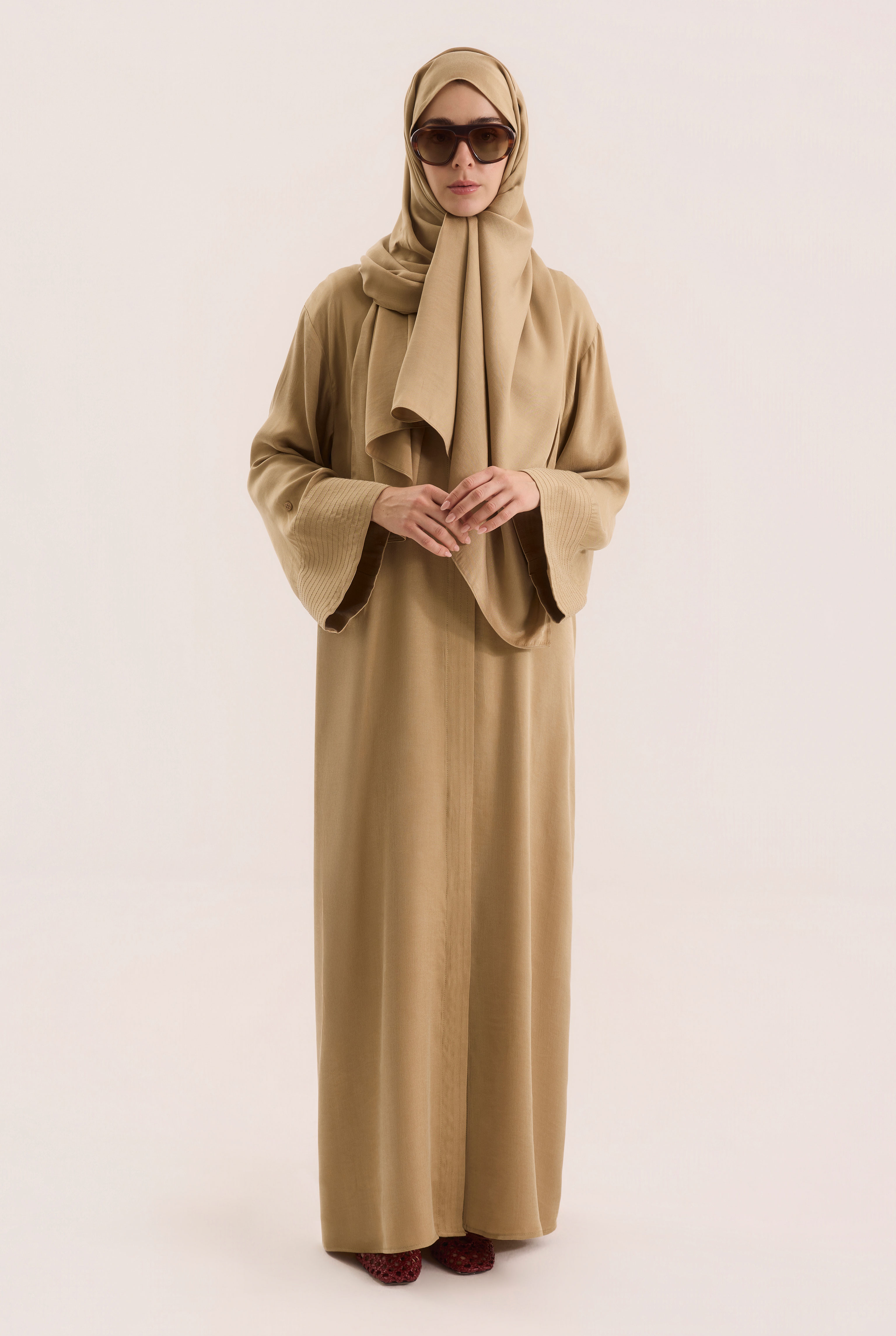 Contrast Stitch Lyocell Abaya Set Honey - 3