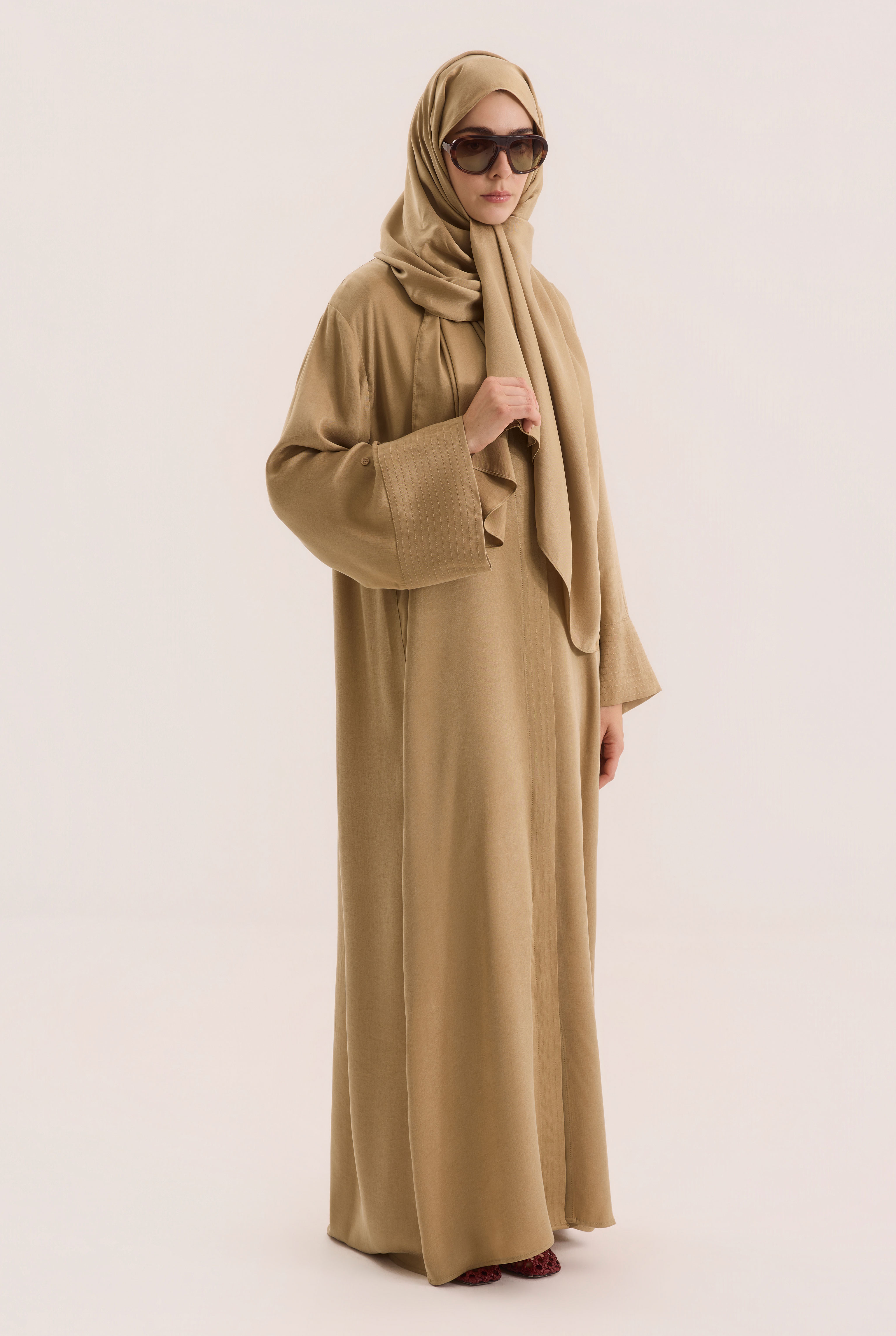 Contrast Stitch Lyocell Abaya Set Honey - 4