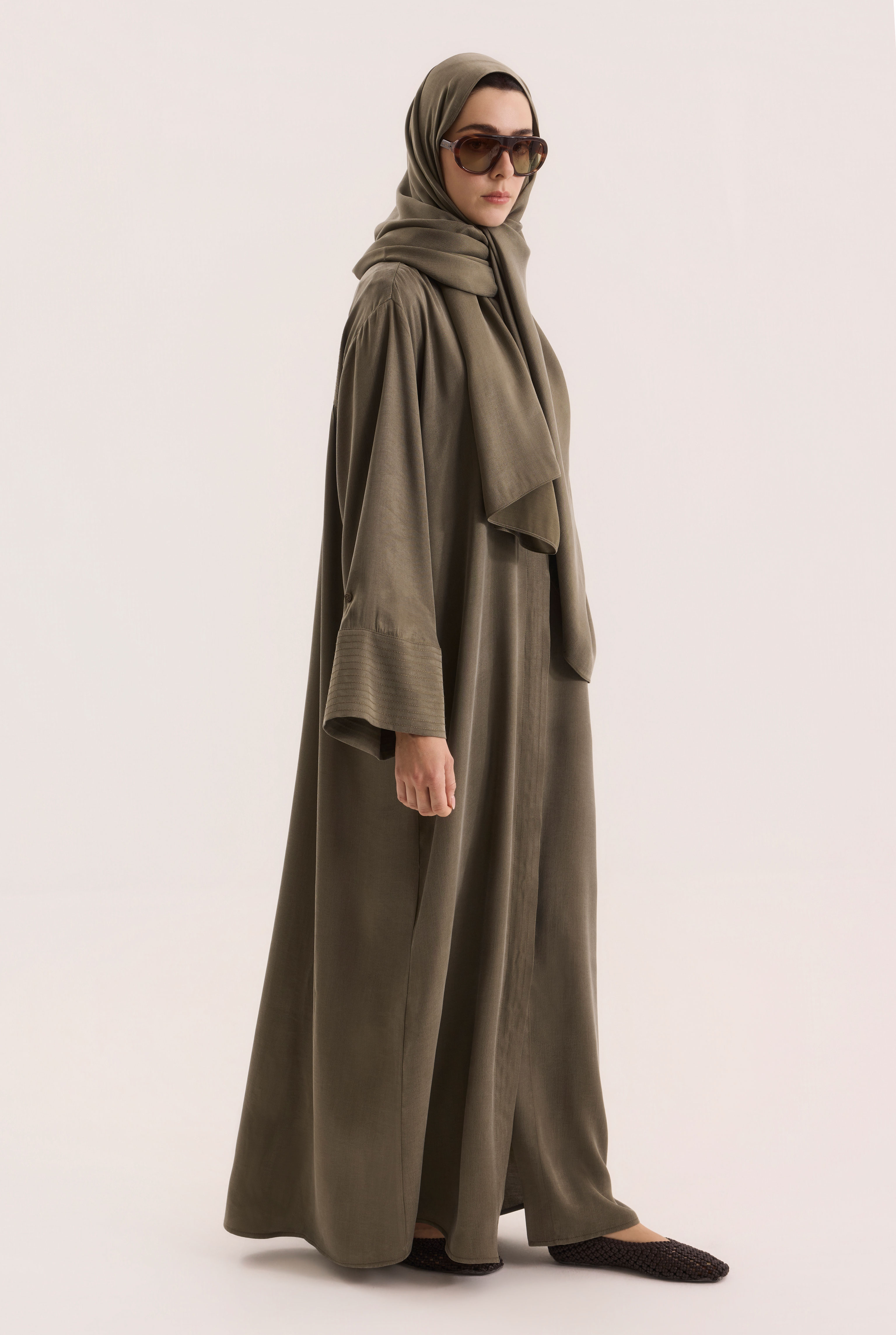 Contrast Stitch Lyocell Abaya Set Moss Green - 2
