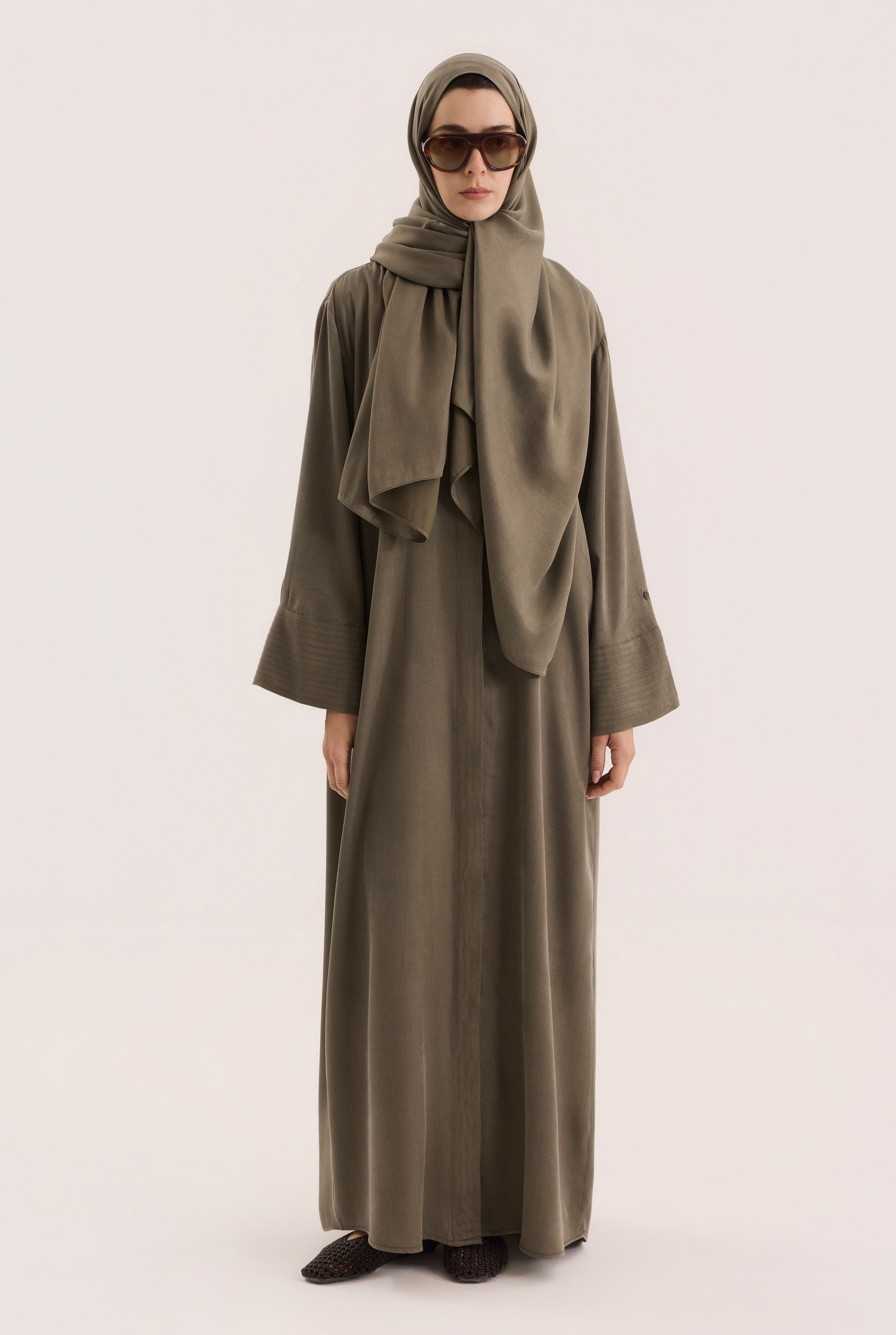 Contrast Stitch Lyocell Abaya Set Moss Green - 3