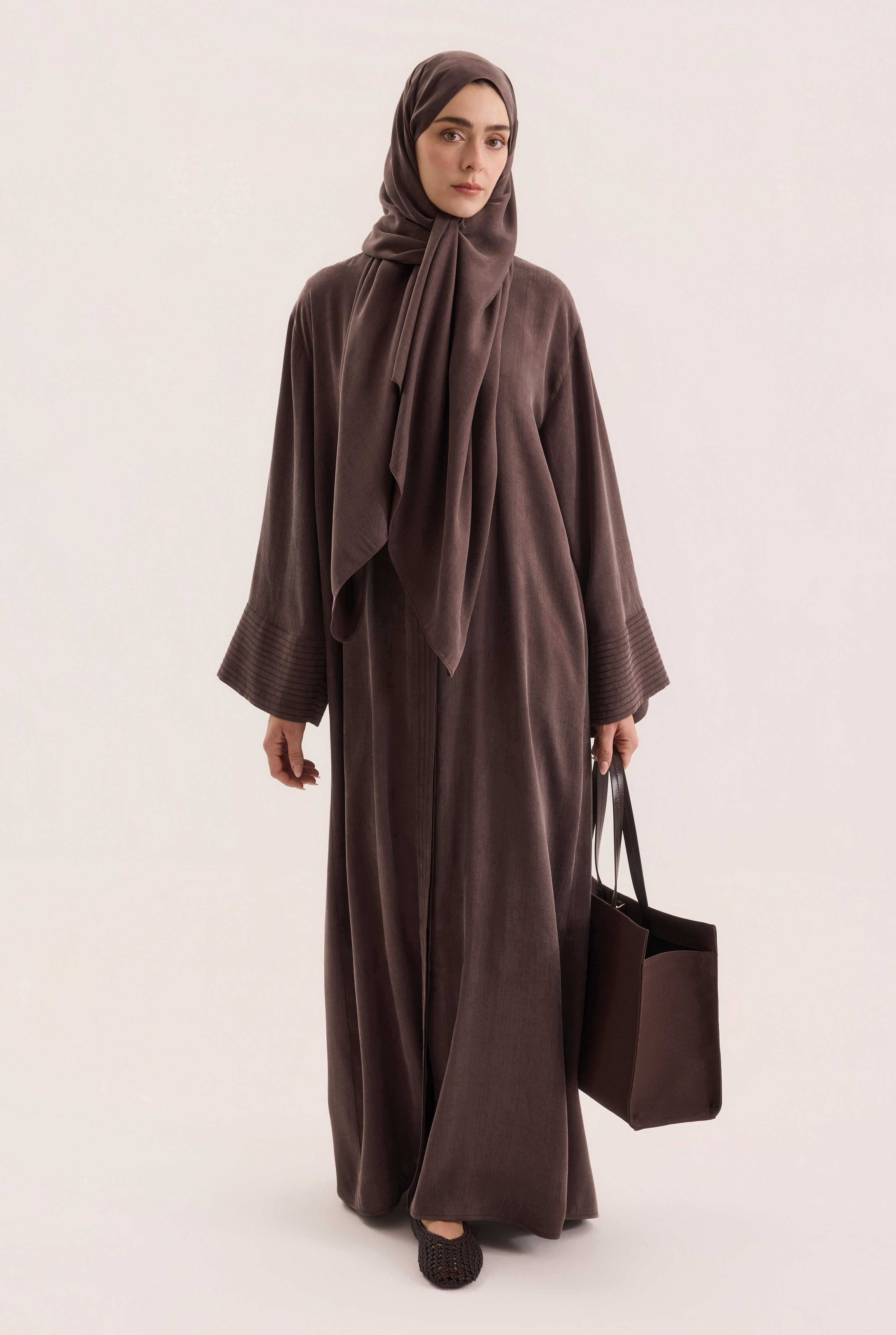 Contrast Stitch Lyocell Abaya Set Dark Brown - 2