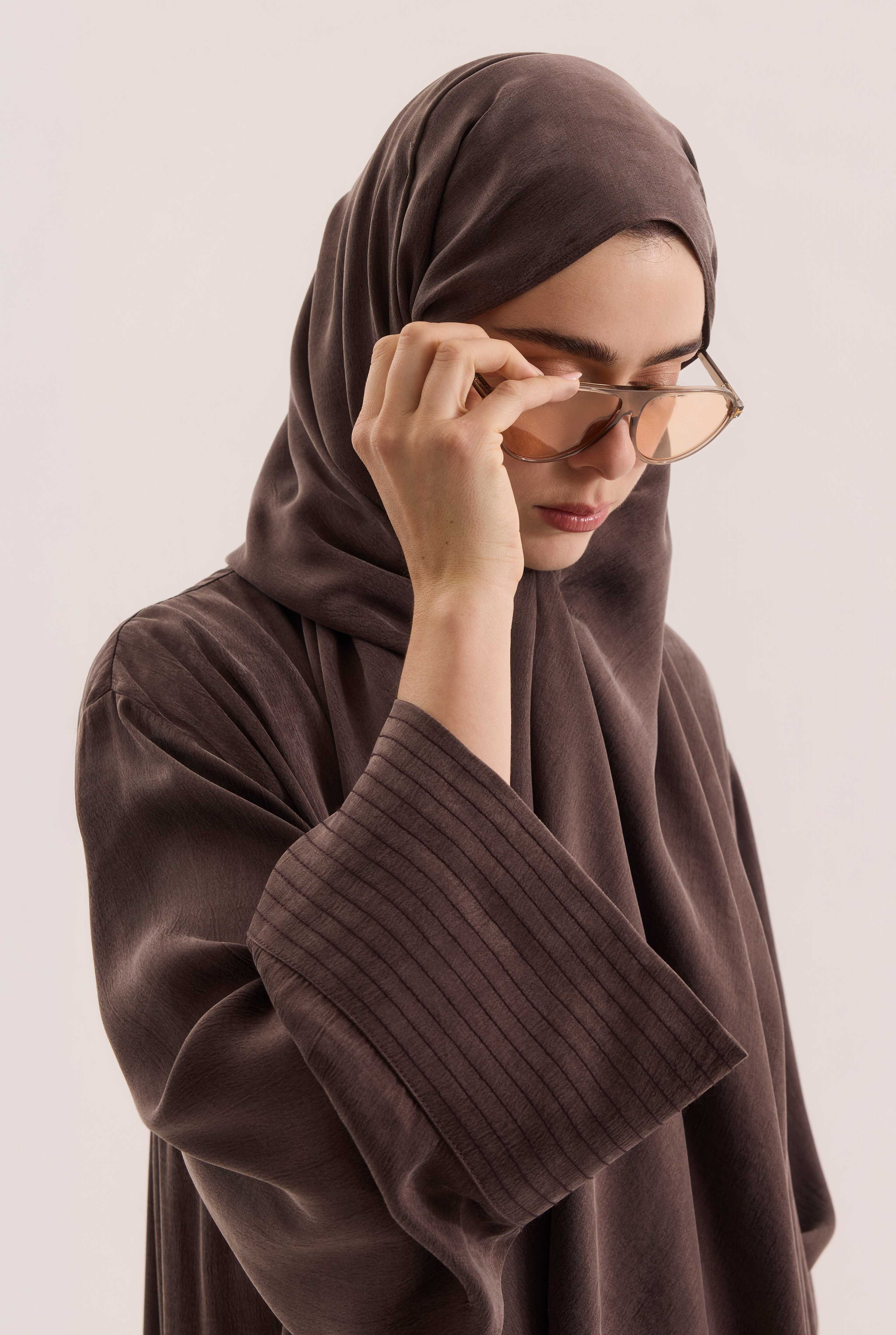 Contrast Stitch Lyocell Abaya Set Dark Brown - 3