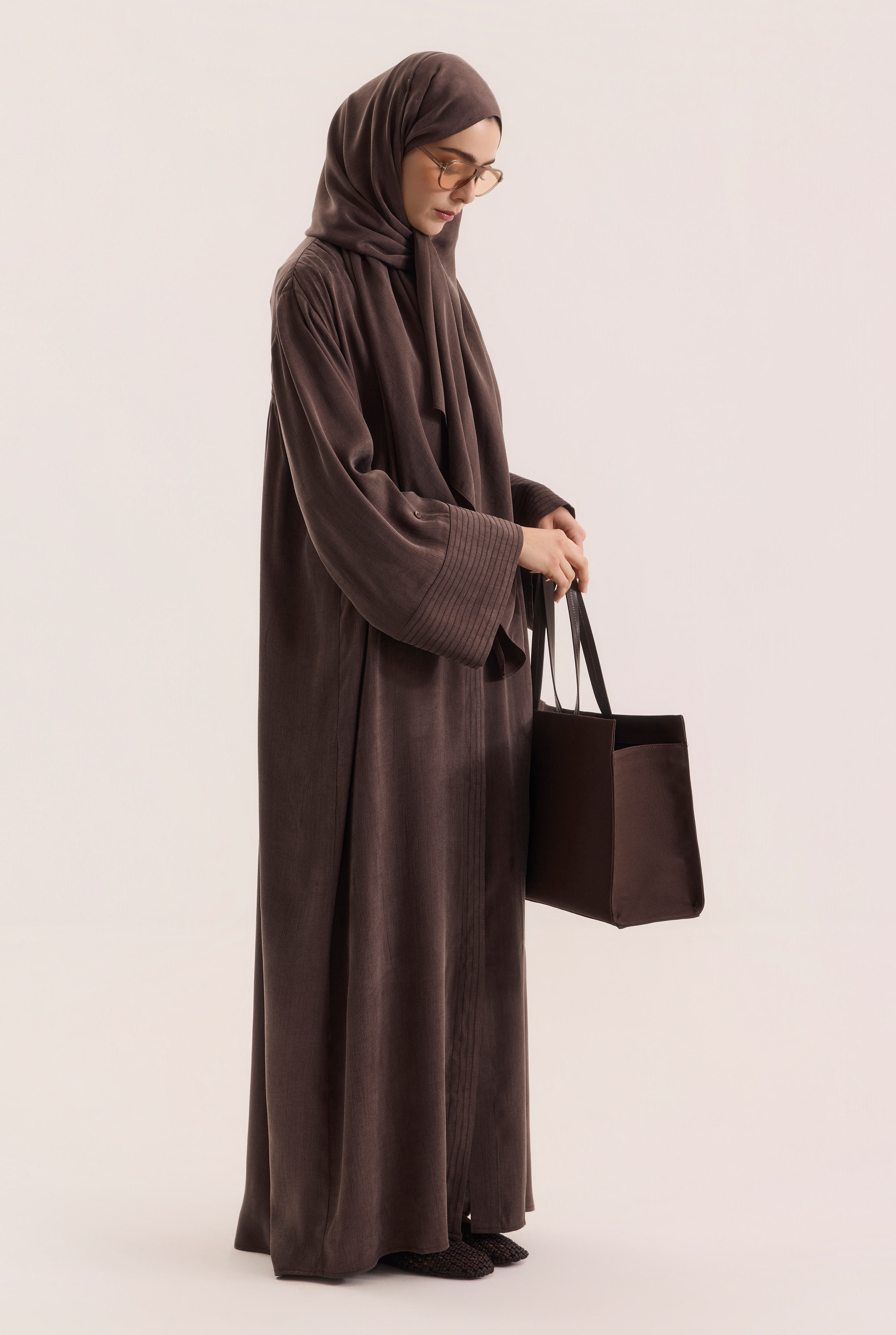 Contrast Stitch Lyocell Abaya Set Dark Brown - 4