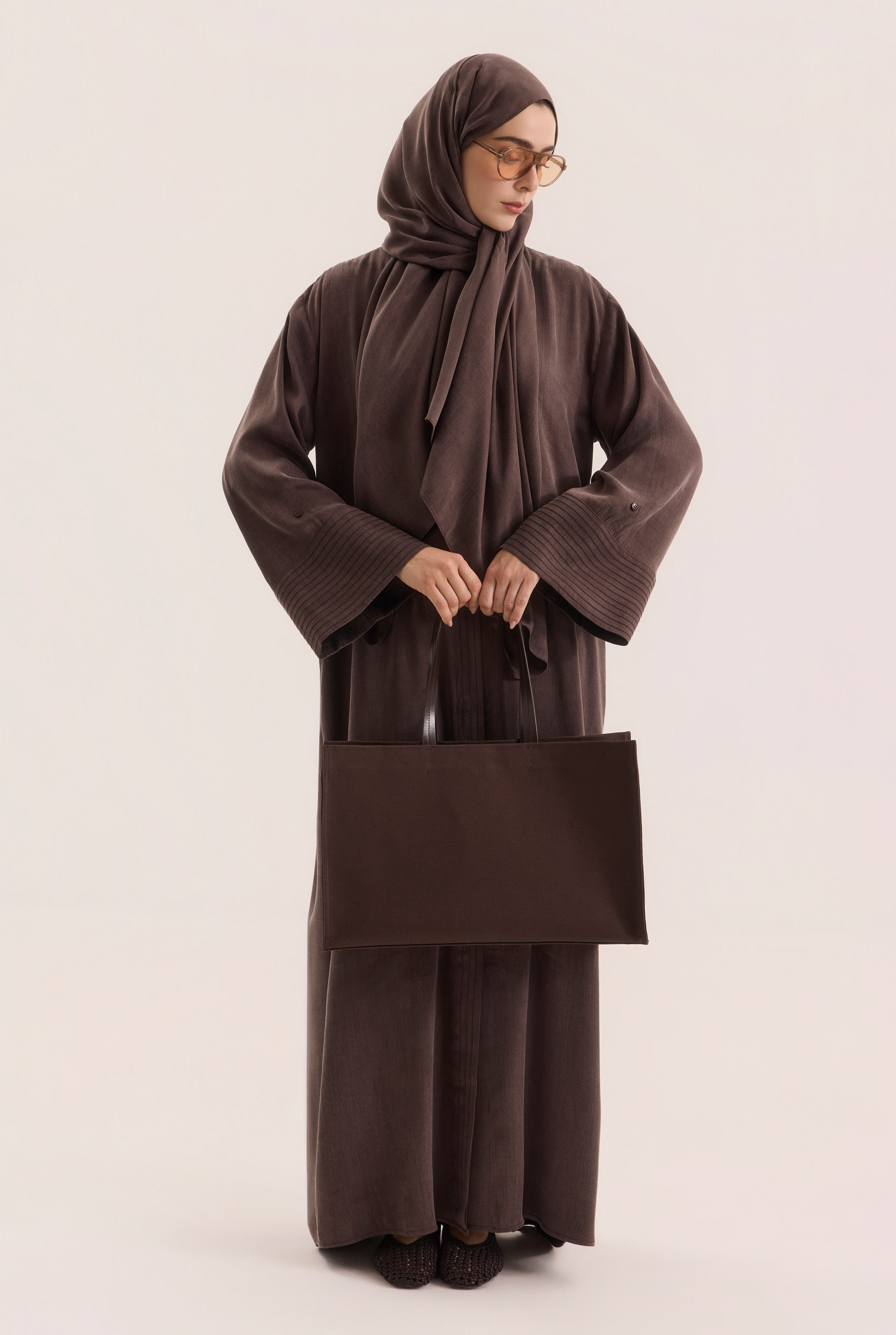 Contrast Stitch Lyocell Abaya Set Dark Brown - 5
