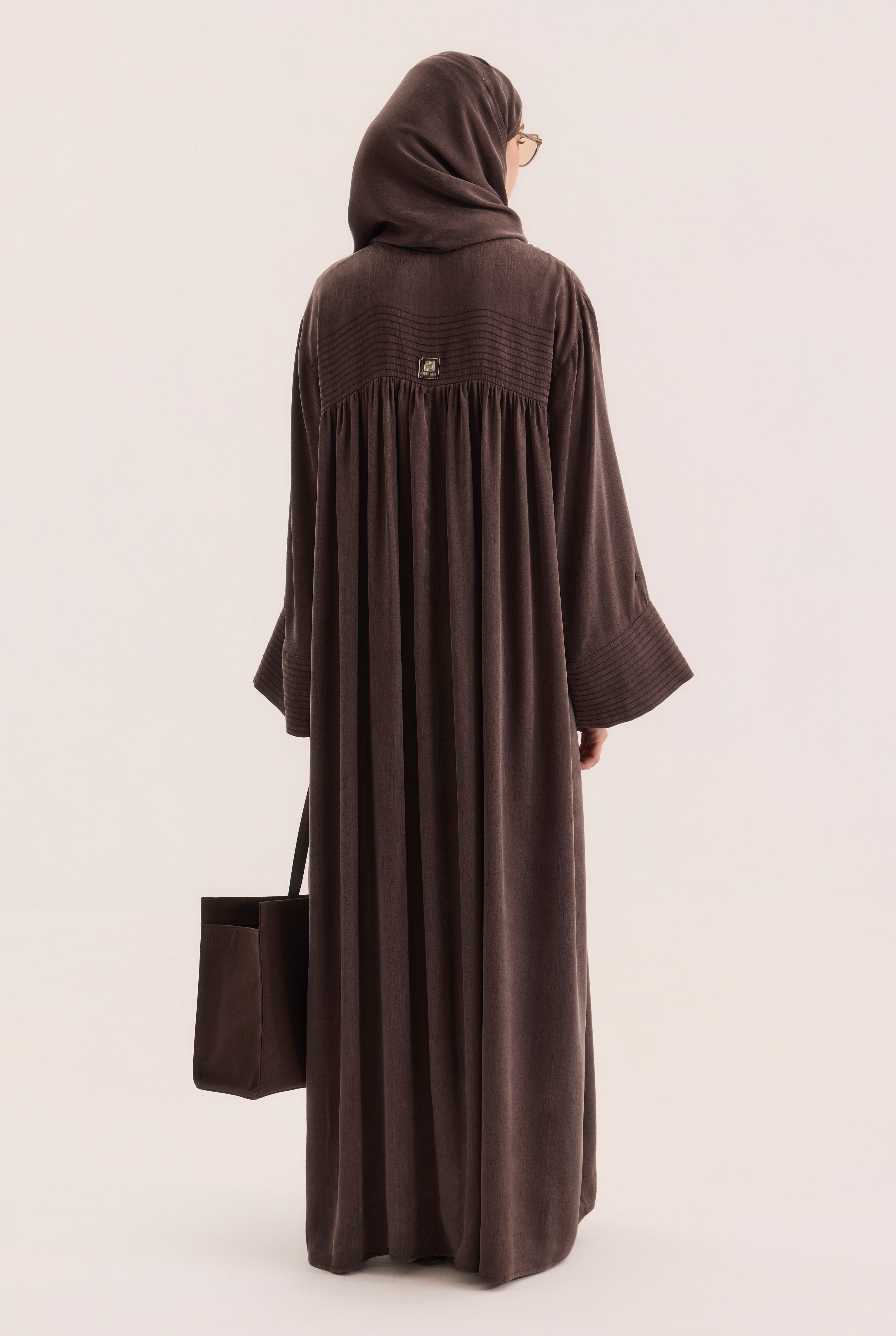 Contrast Stitch Lyocell Abaya Set Dark Brown - 7