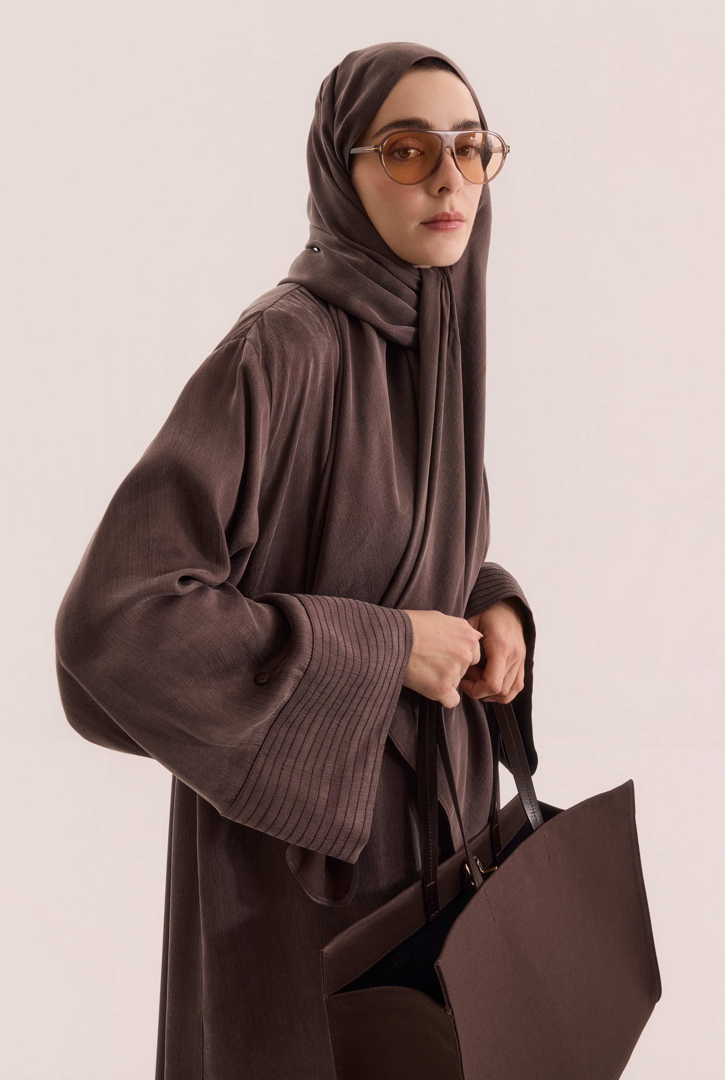 Contrast Stitch Lyocell Abaya Set Dark Brown - 6