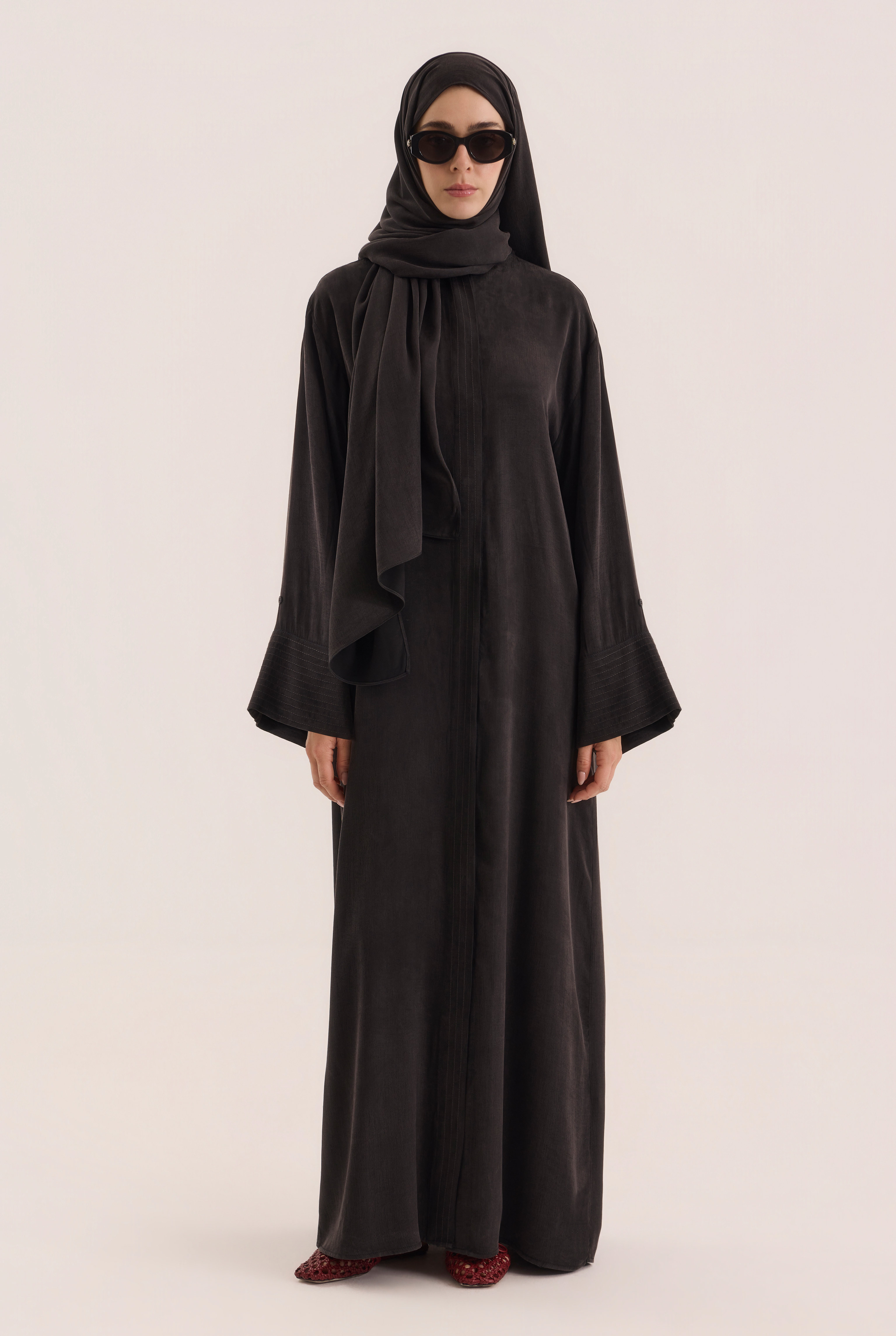 Contrast Stitch Lyocell Abaya Set Black - 2