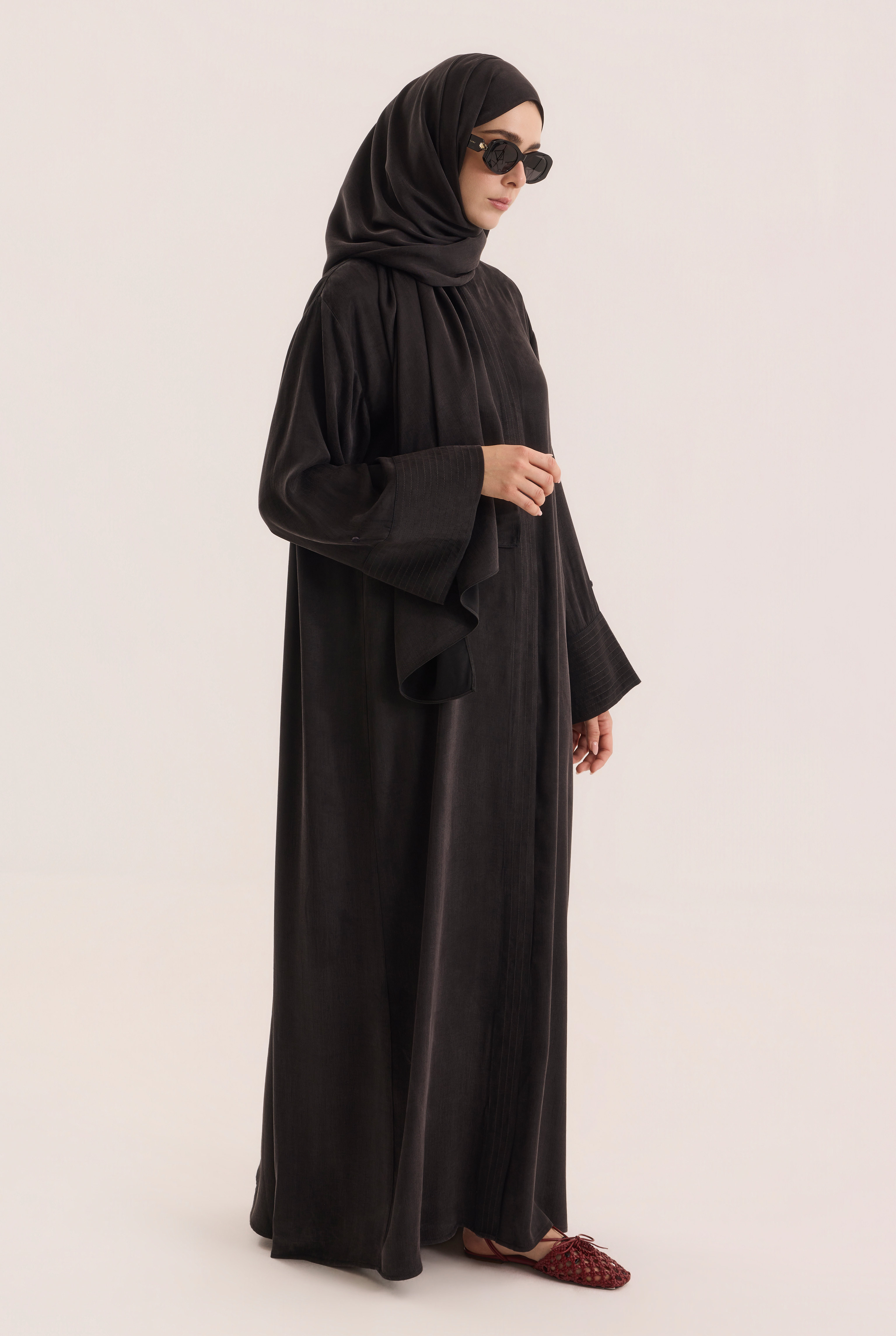 Contrast Stitch Lyocell Abaya Set Black - 1