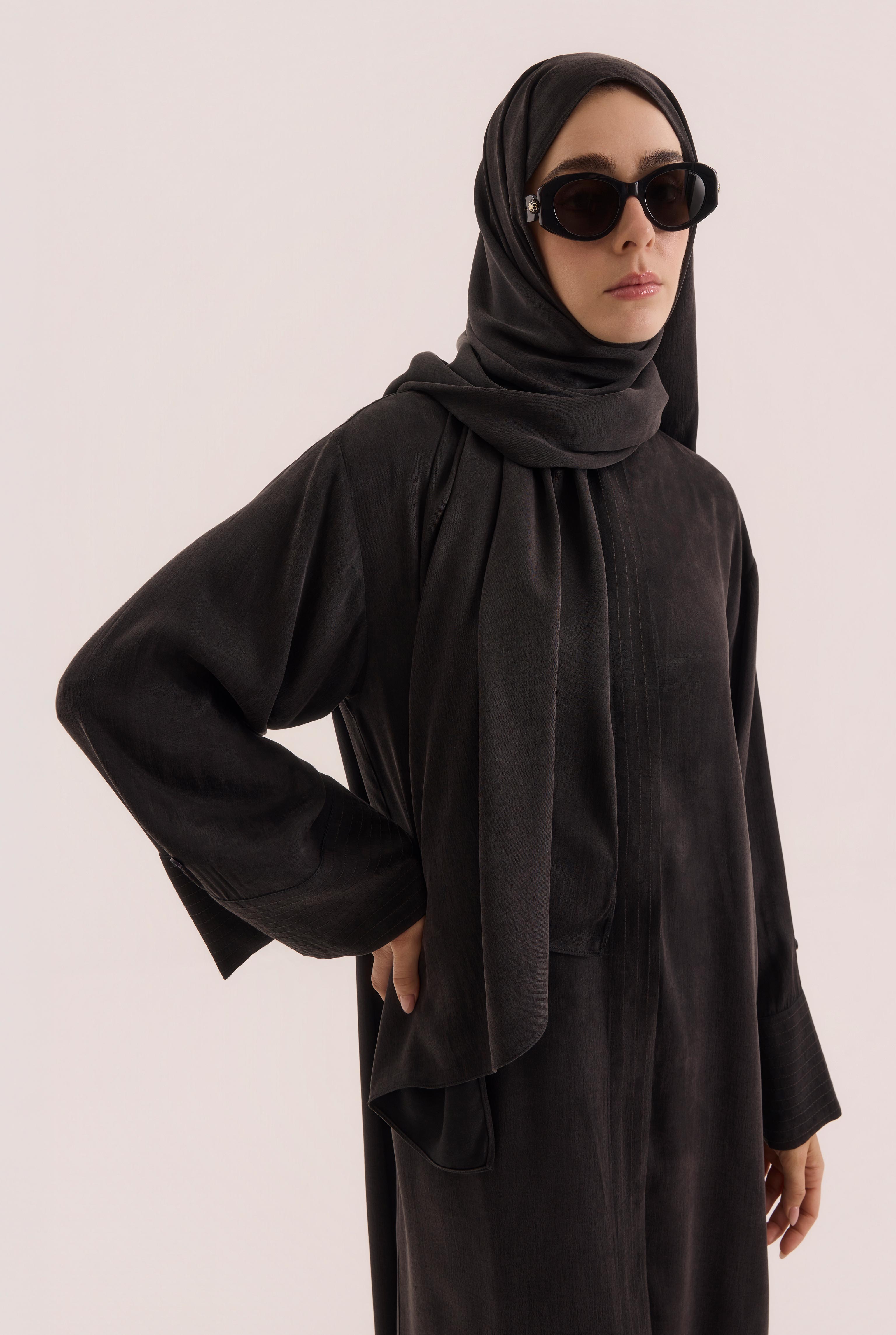 Contrast Stitch Lyocell Abaya Set Black - 4