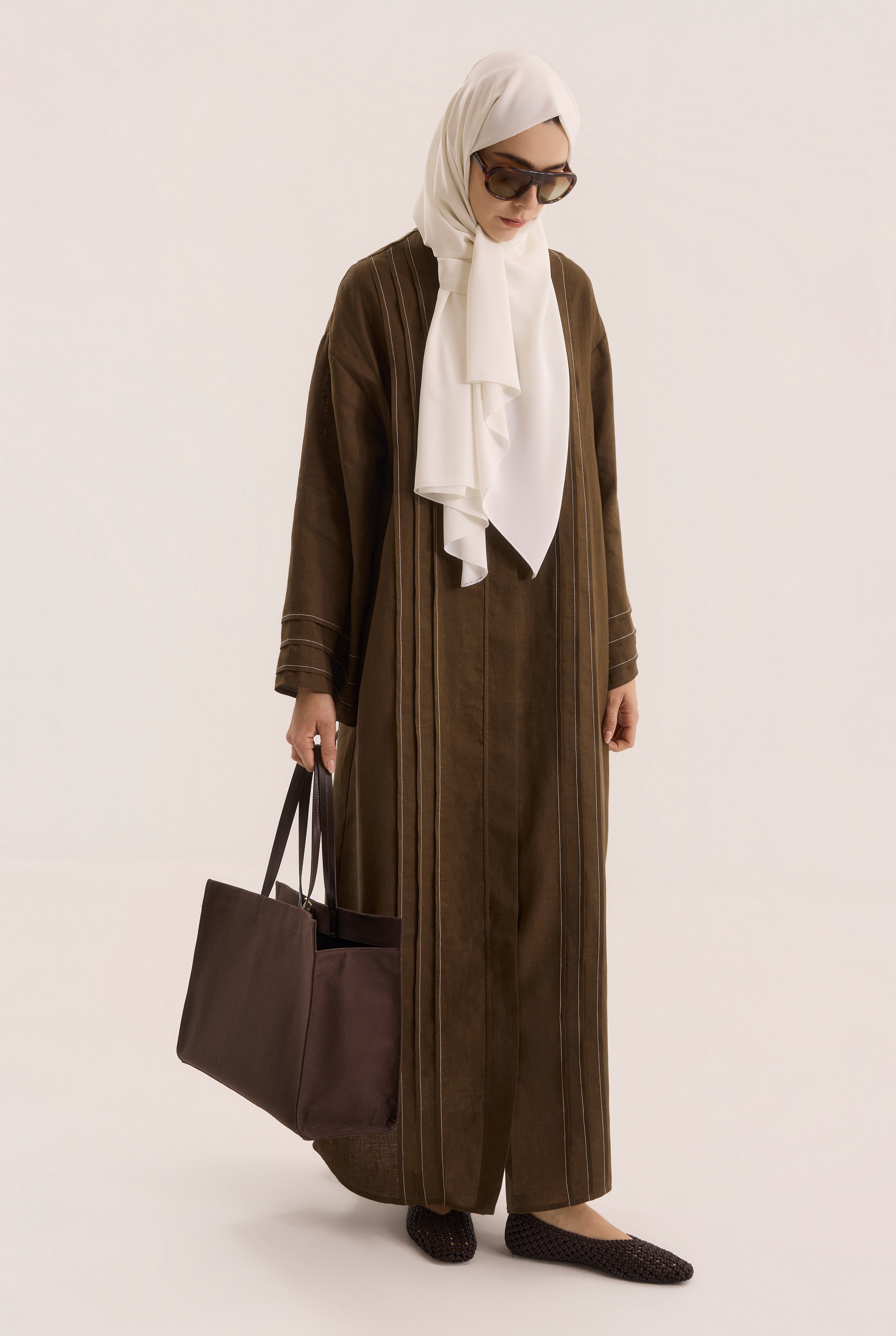 Kontrast Dikişli Abaya Fındık - HE-QA