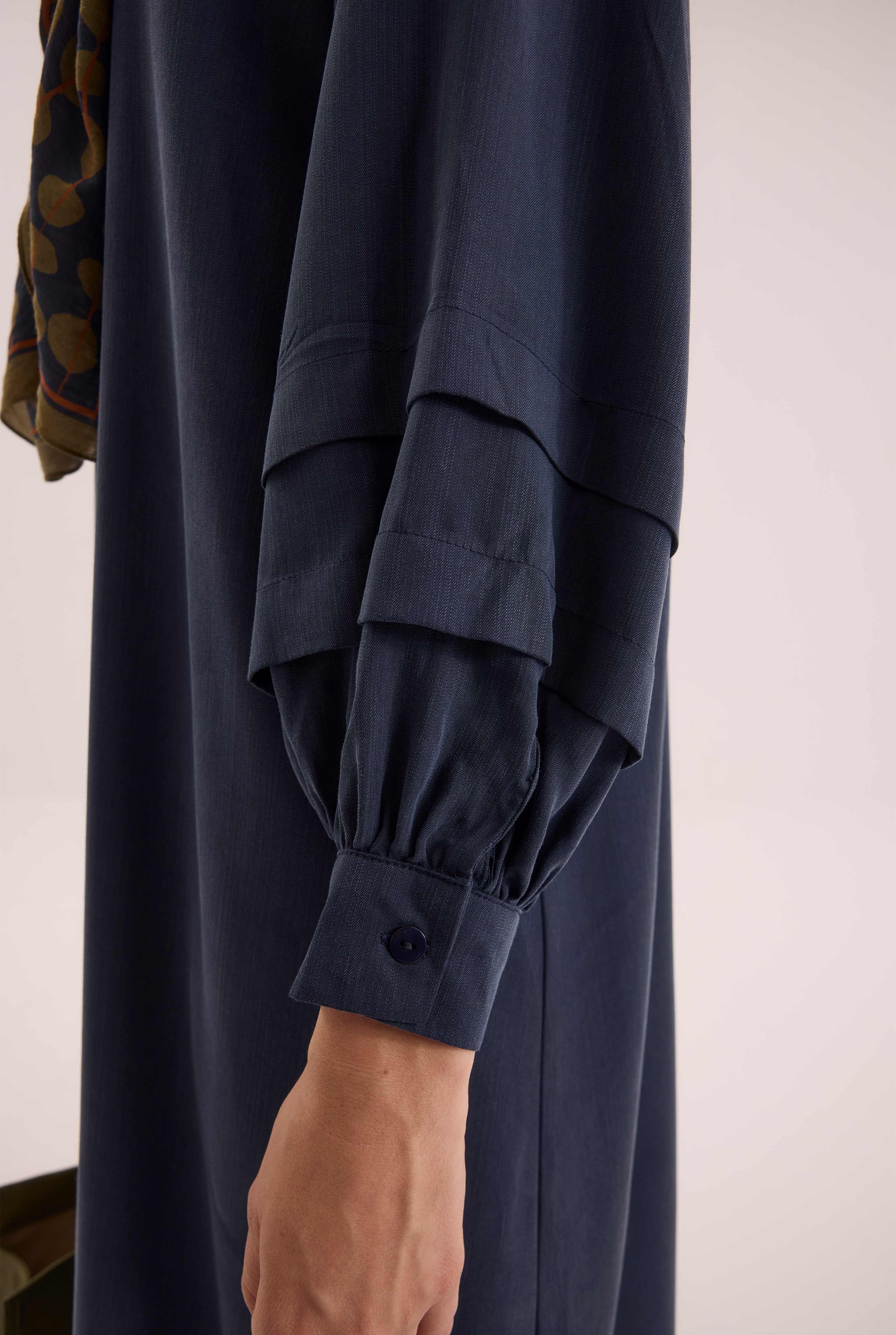 Shoulder Ruched Lyocell Abaya Navy Blue - 4