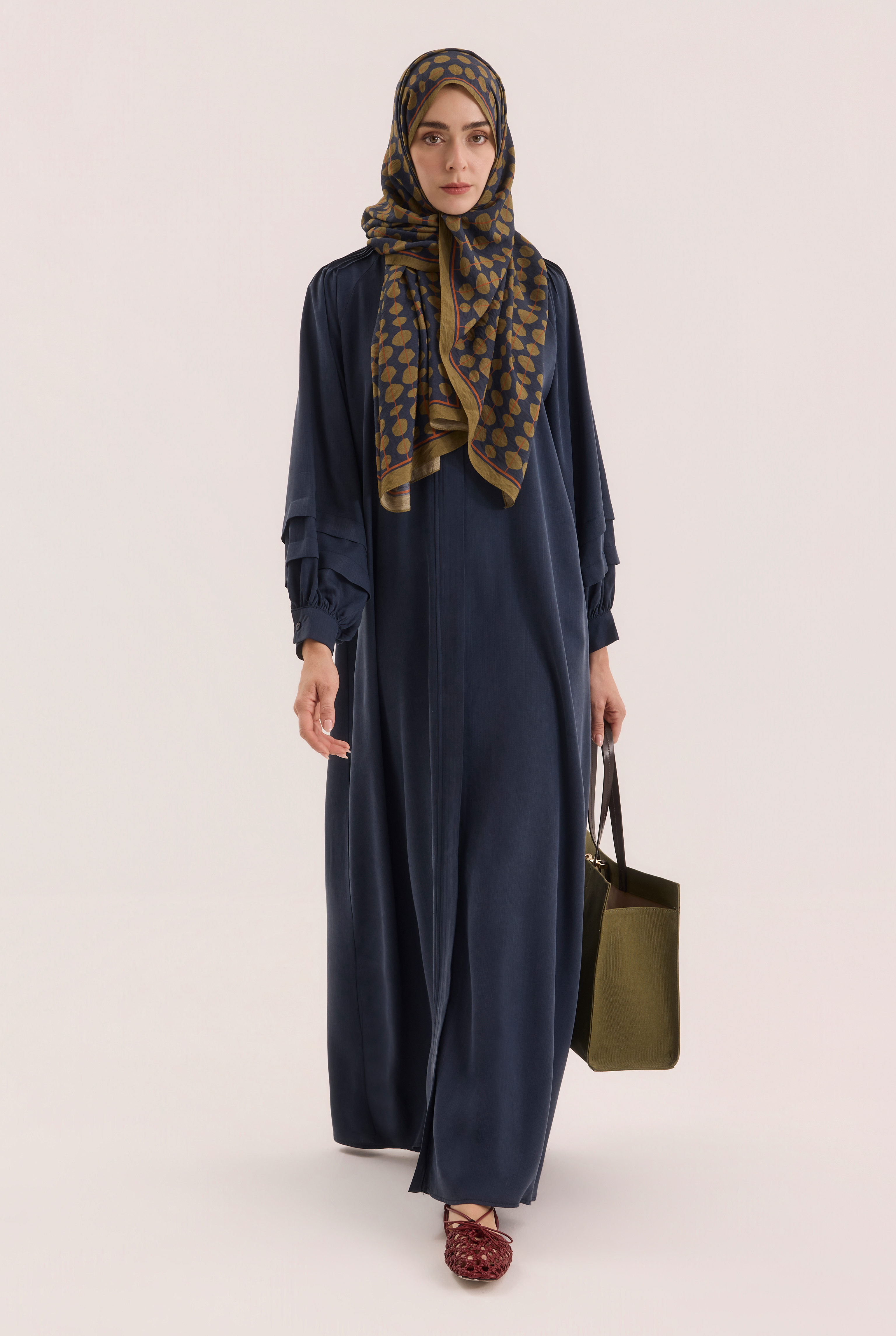 Shoulder Ruched Lyocell Abaya Navy Blue - HE-QA