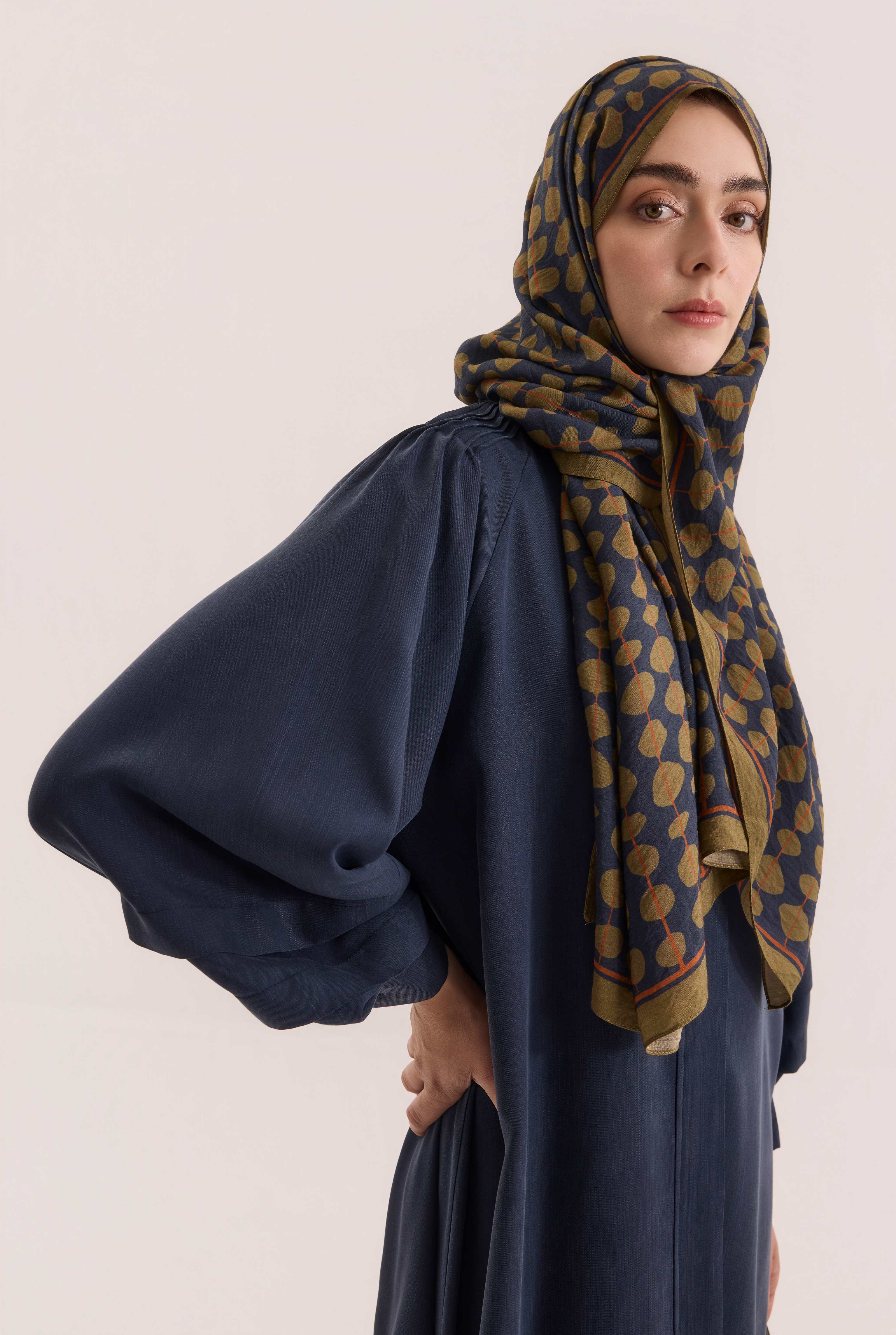 Shoulder Ruched Lyocell Abaya Navy Blue - 2