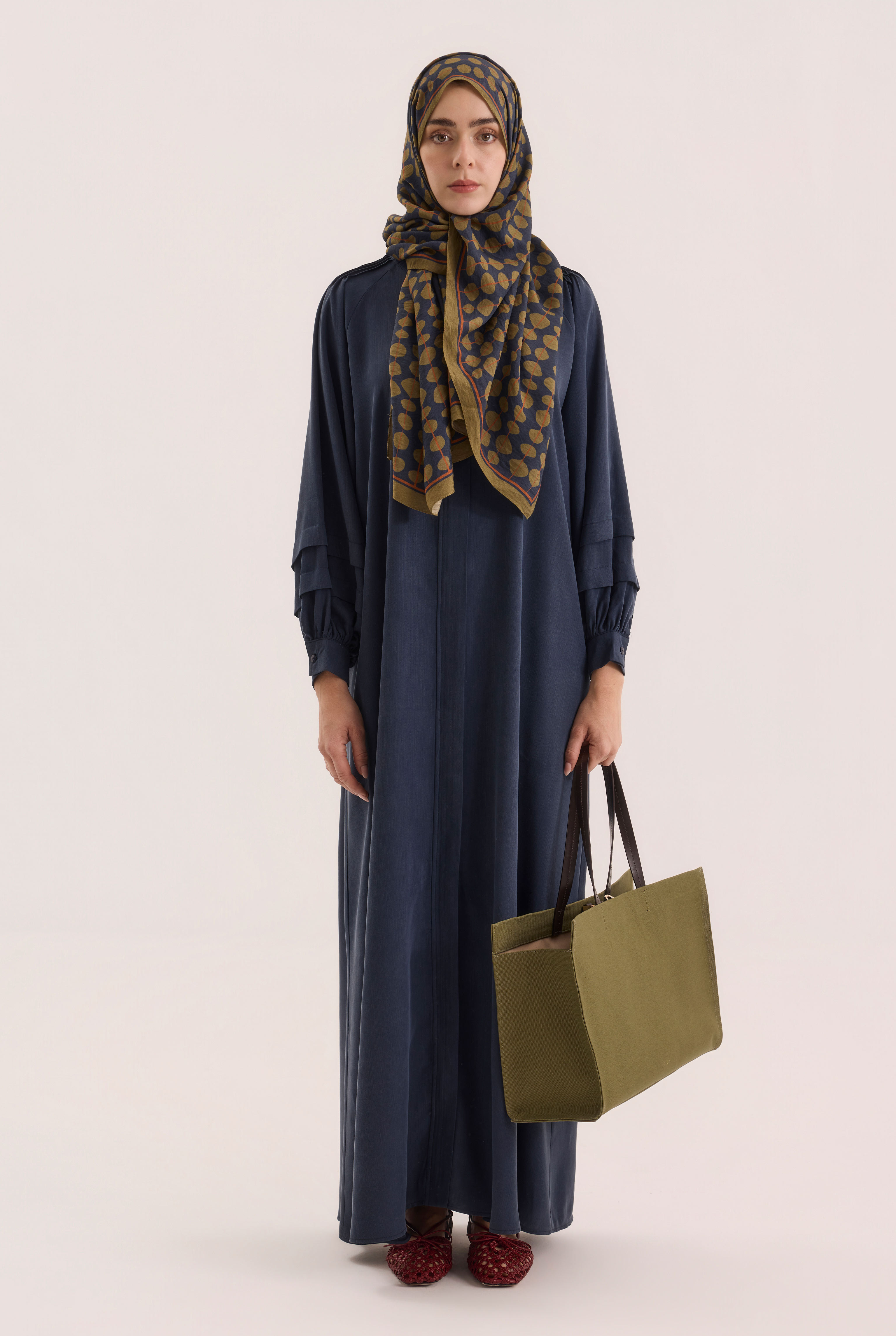 Shoulder Ruched Lyocell Abaya Navy Blue - 3