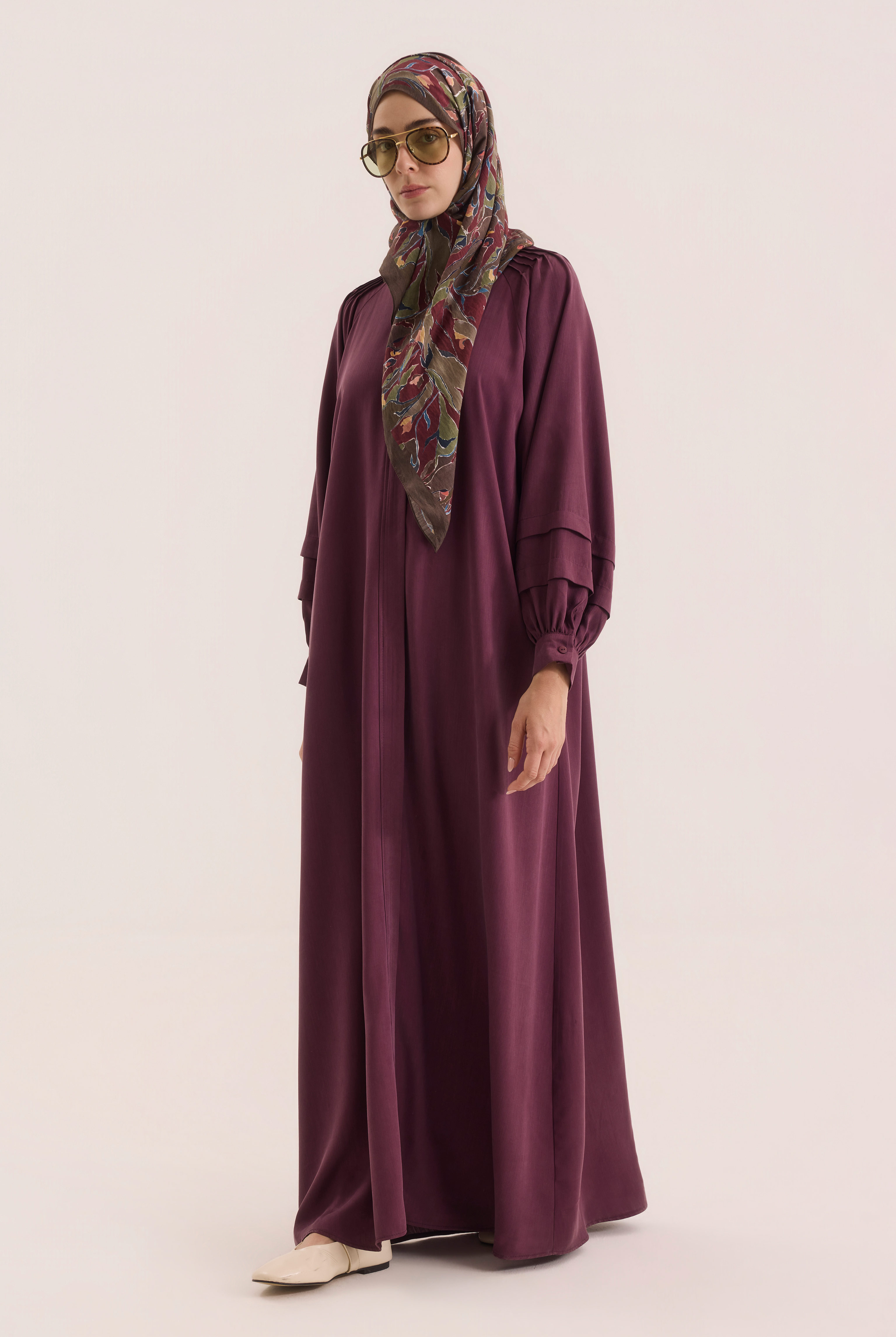 Shoulder Ruched Lyocell Abaya Bordeaux - 1