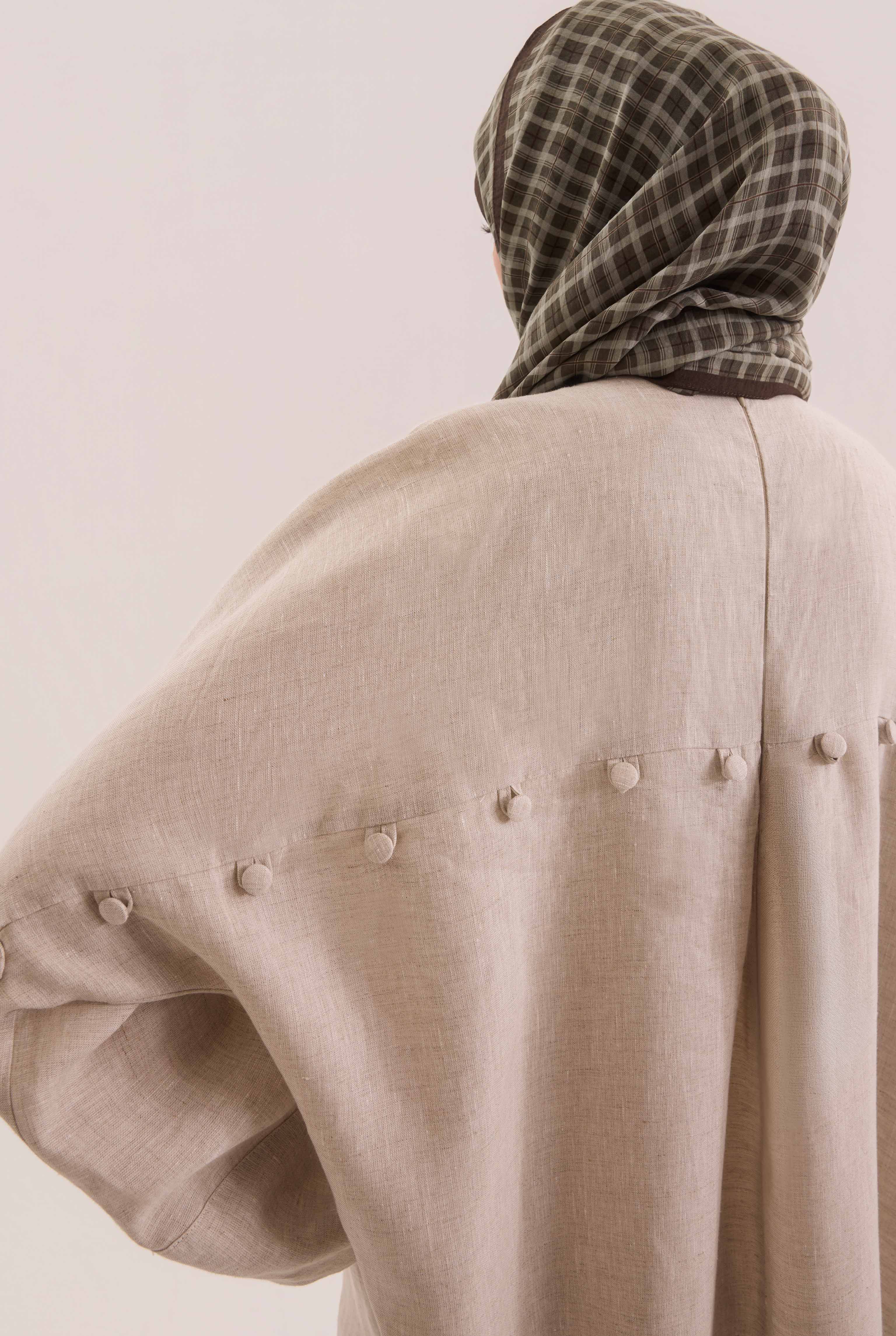 Pintuck Detailed Linen Abaya Pearl - 2