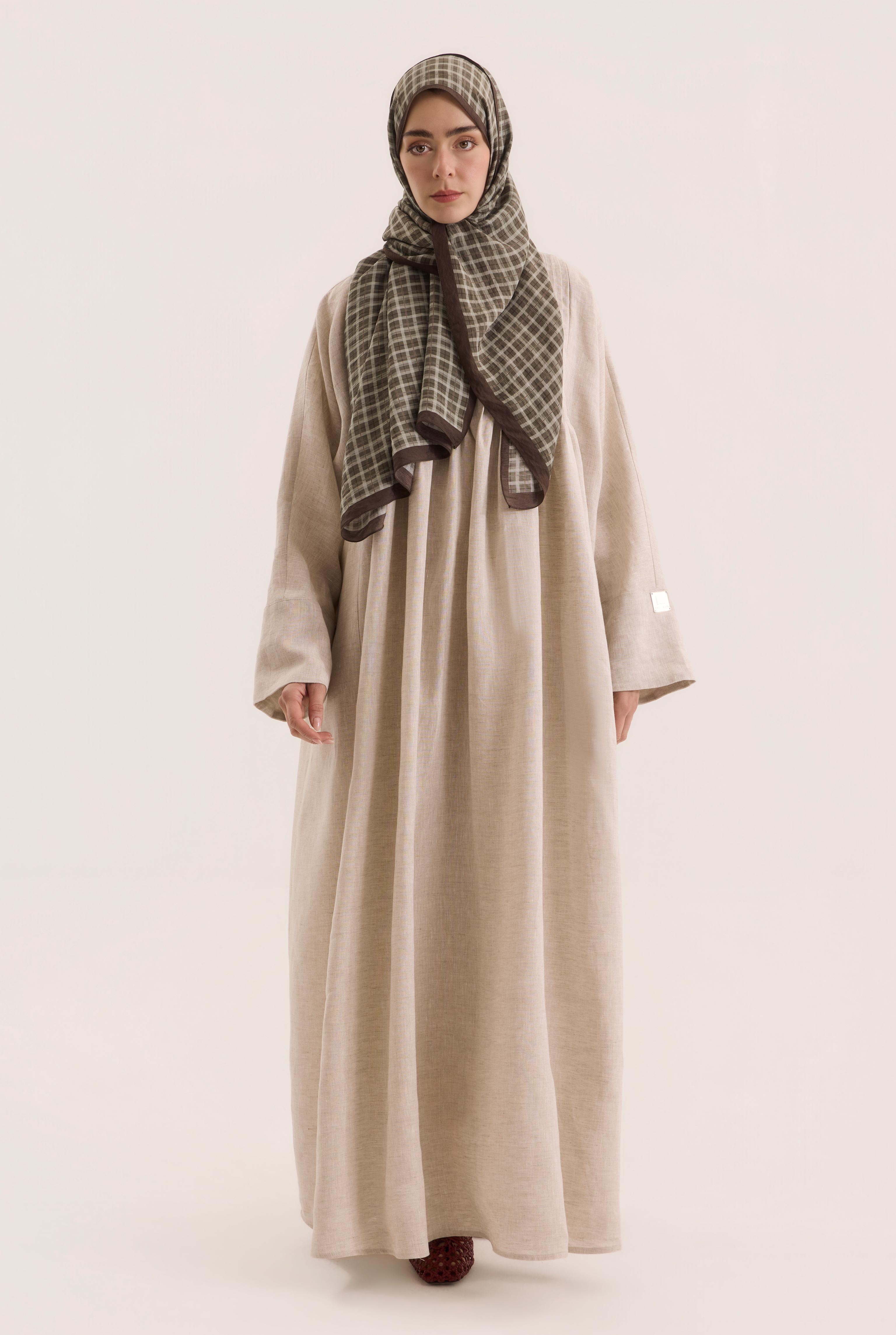 Pintuck Detailed Linen Abaya Pearl - 5