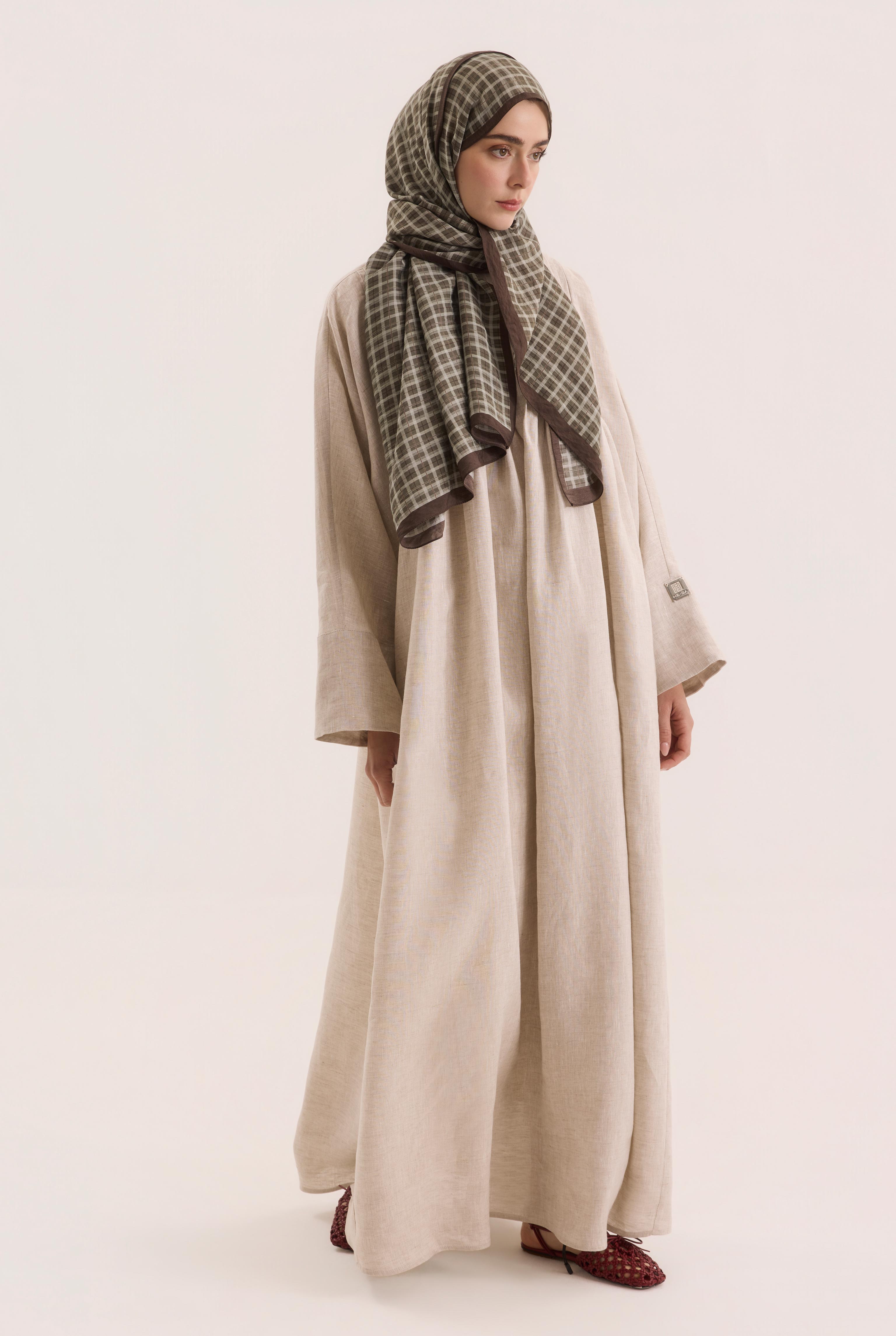 Pintuck Detailed Linen Abaya Pearl - 6