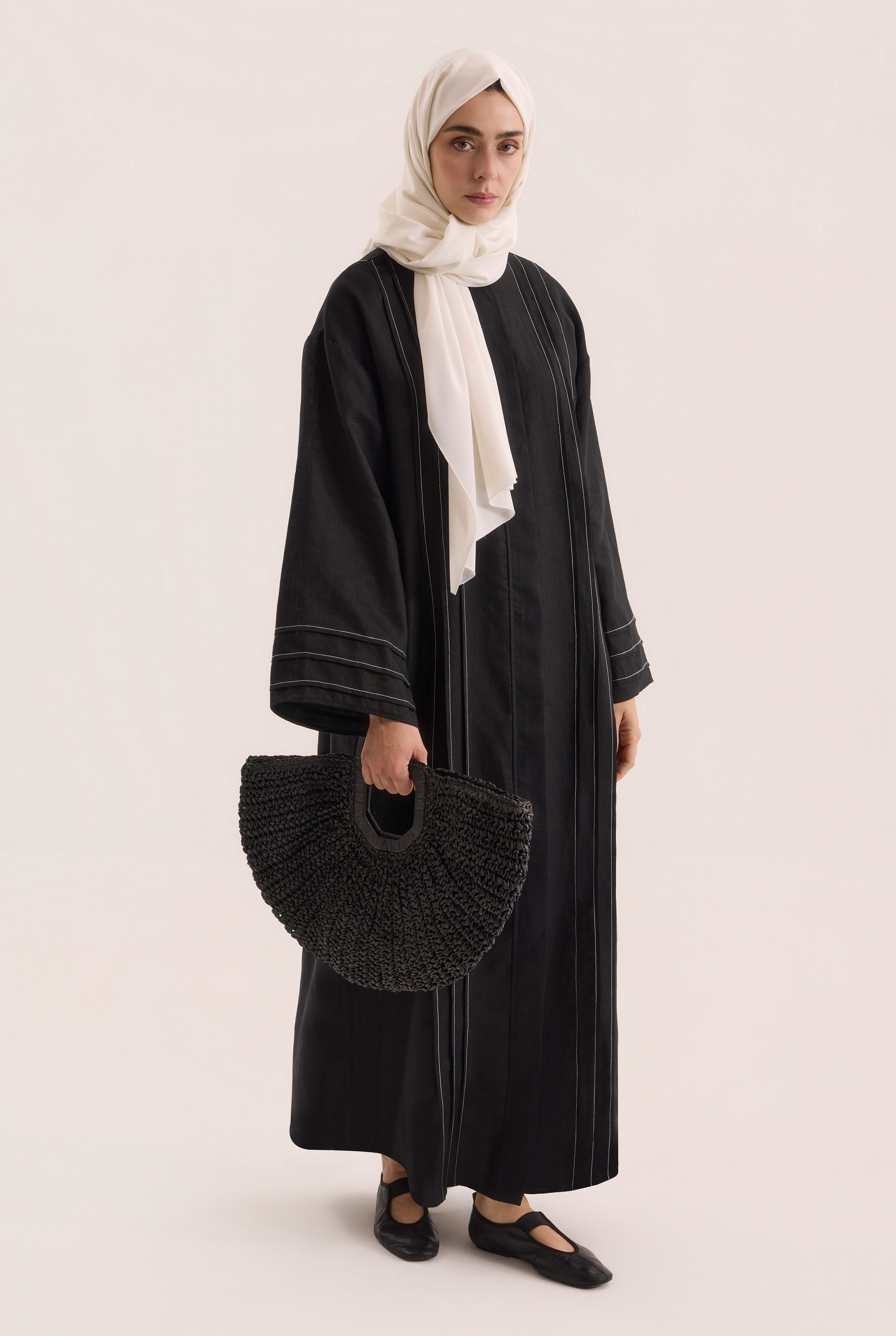 Kontrast Dikişli Abaya Siyah - HE-QA