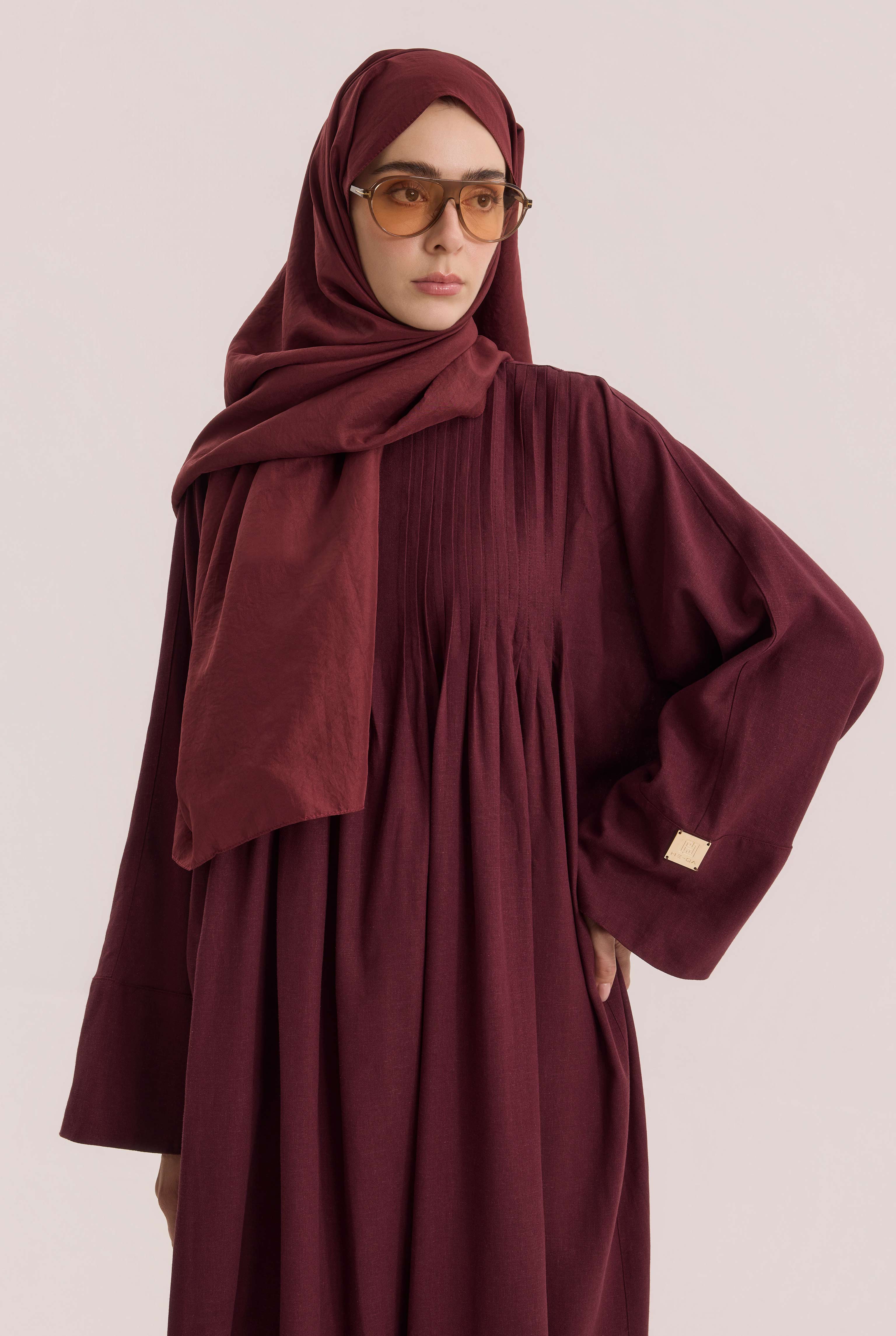 Pintuck Detailed Linen Abaya Bordeaux - 4