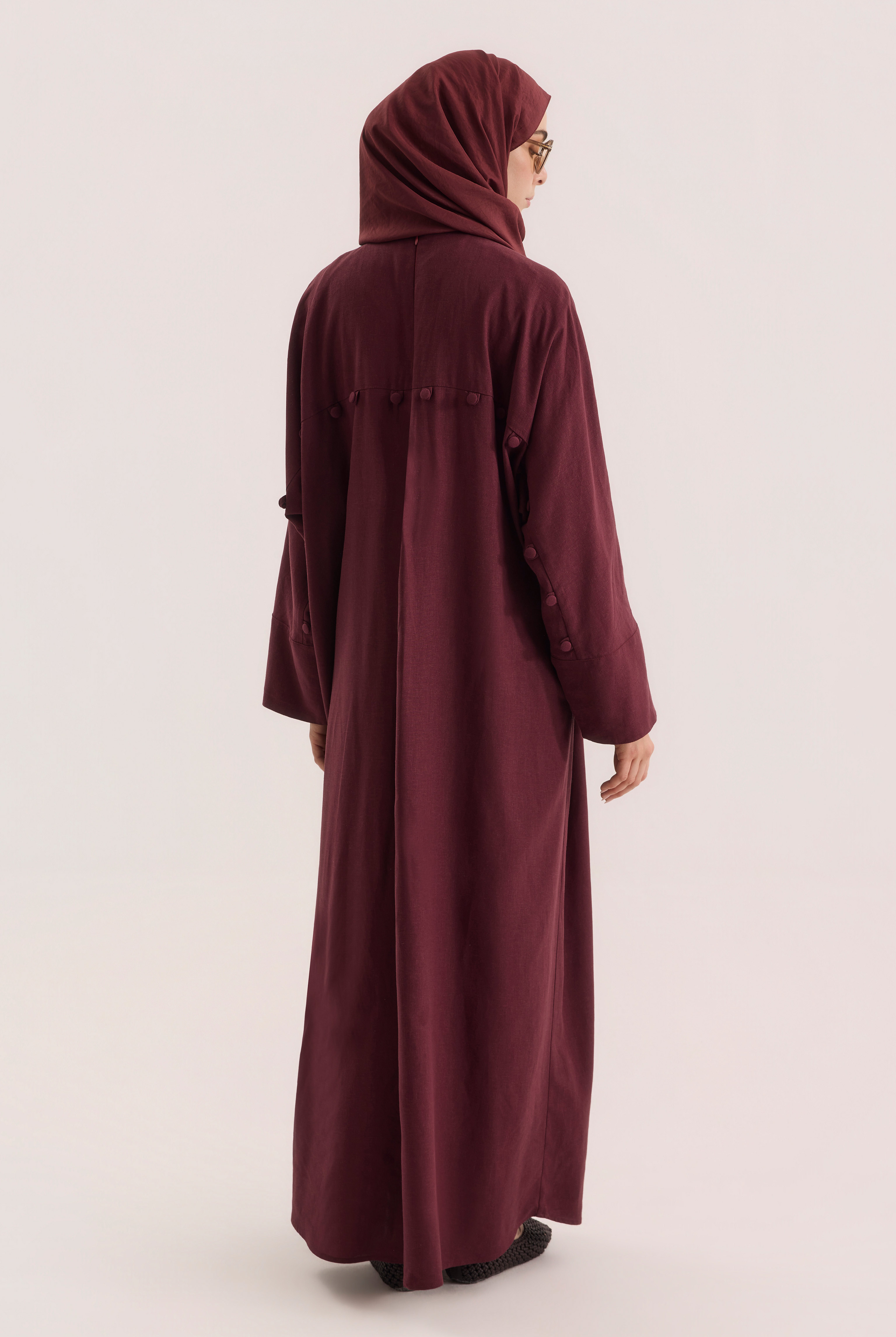 Pintuck Detailed Linen Abaya Bordeaux - 3