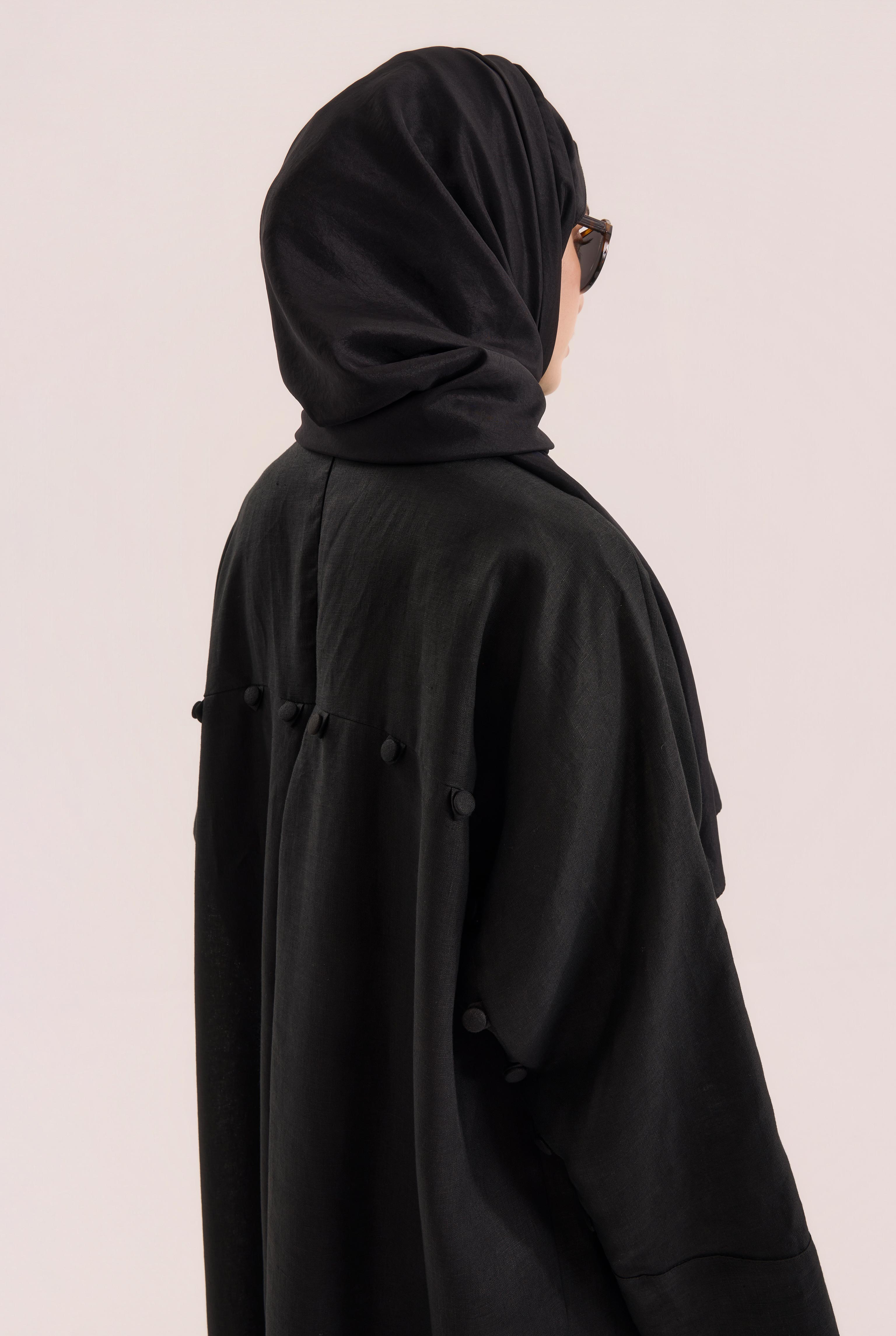 Pintuck Detailed Linen Abaya Black - 7