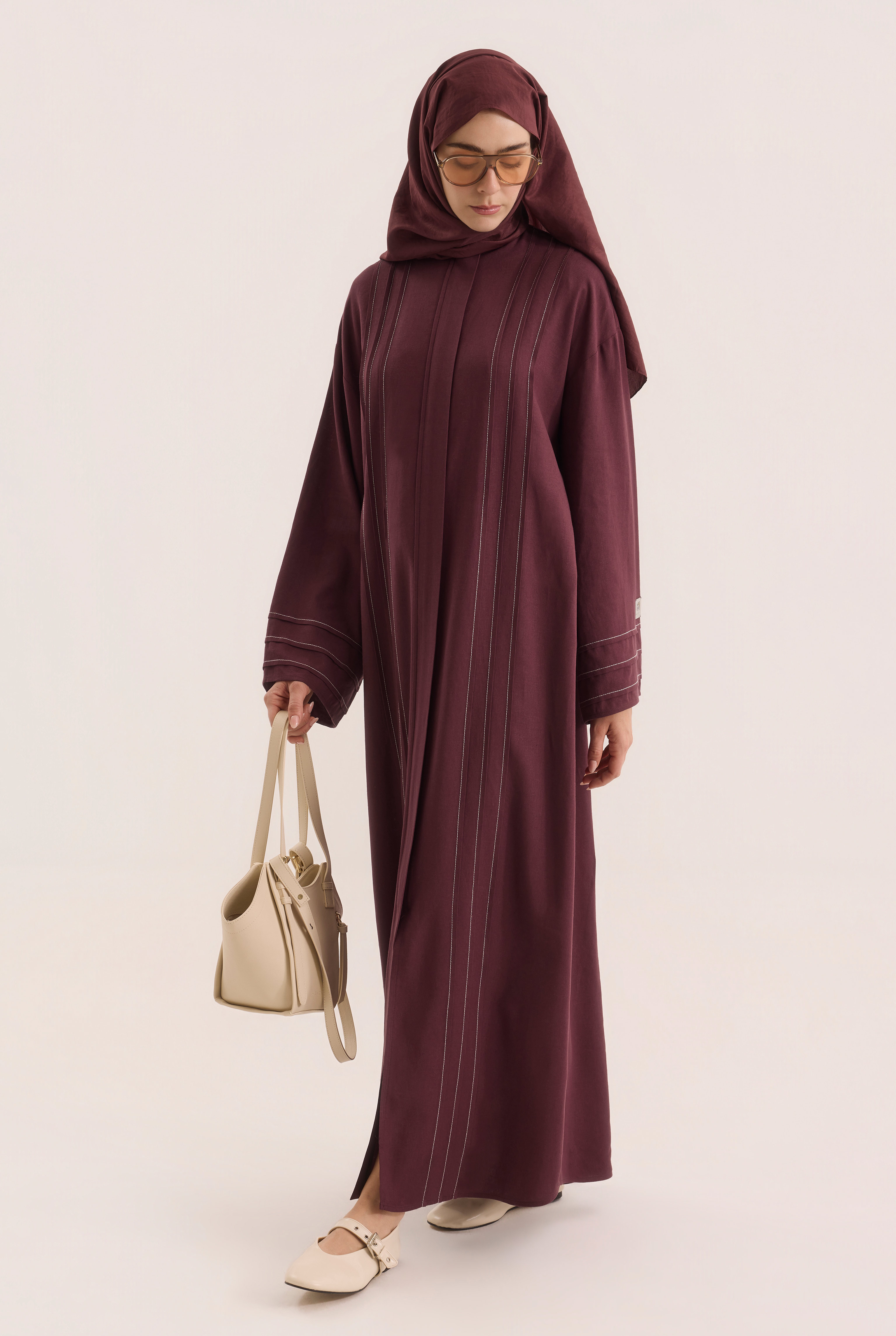Kontrast Dikişli Abaya Bordo - HE-QA
