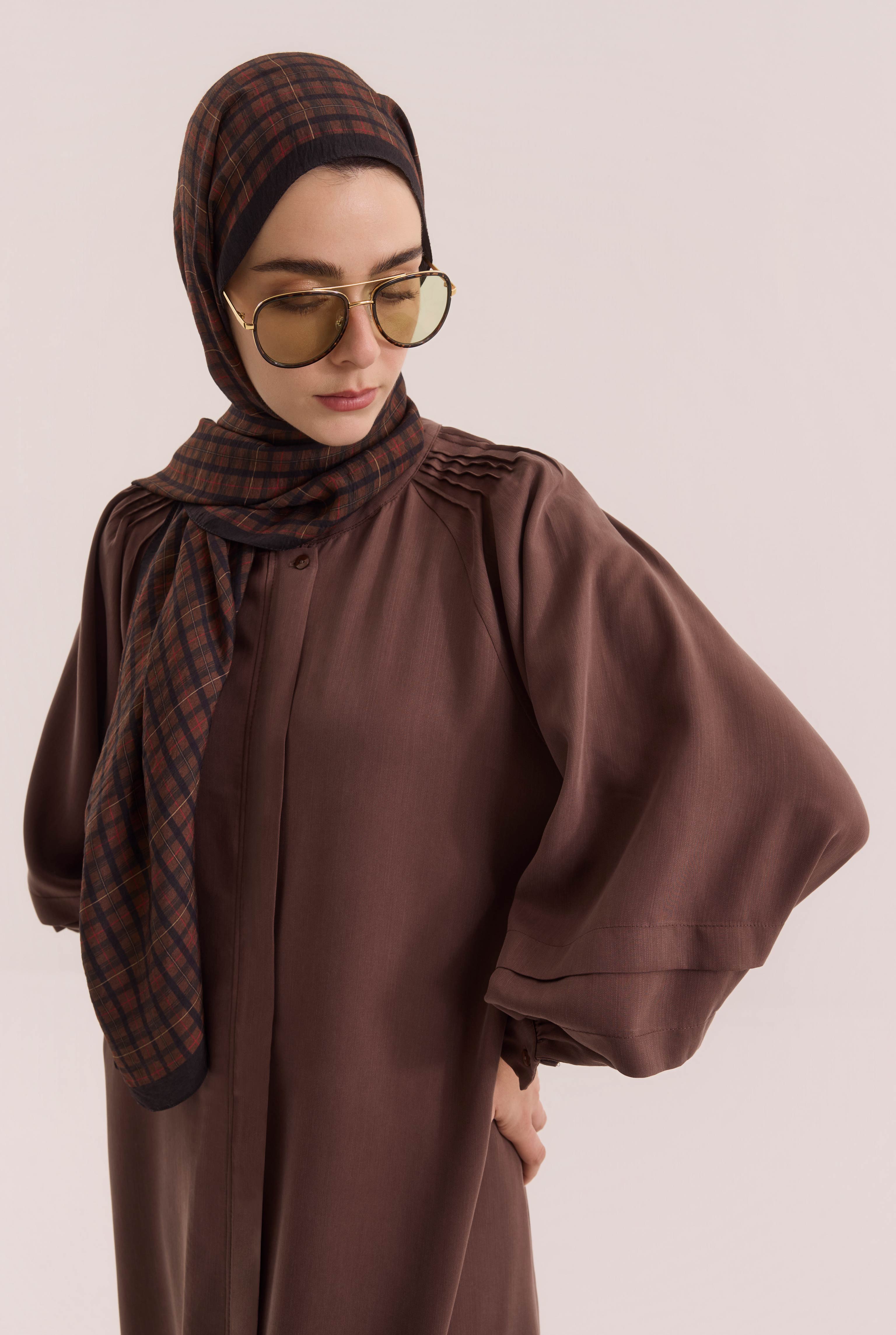 Shoulder Ruched Lyocell Abaya Dark Brown - 3