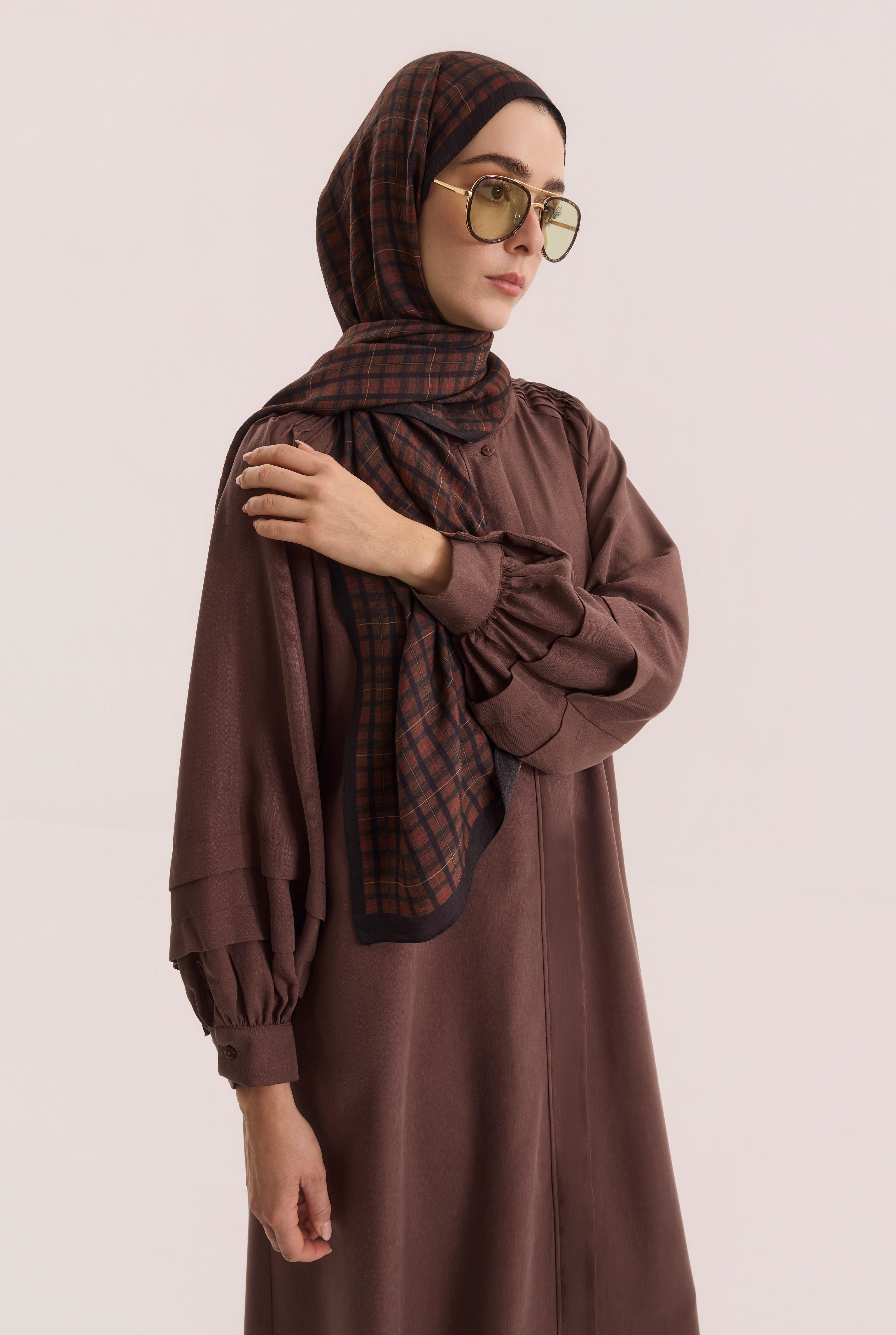 Shoulder Ruched Lyocell Abaya Dark Brown - 2