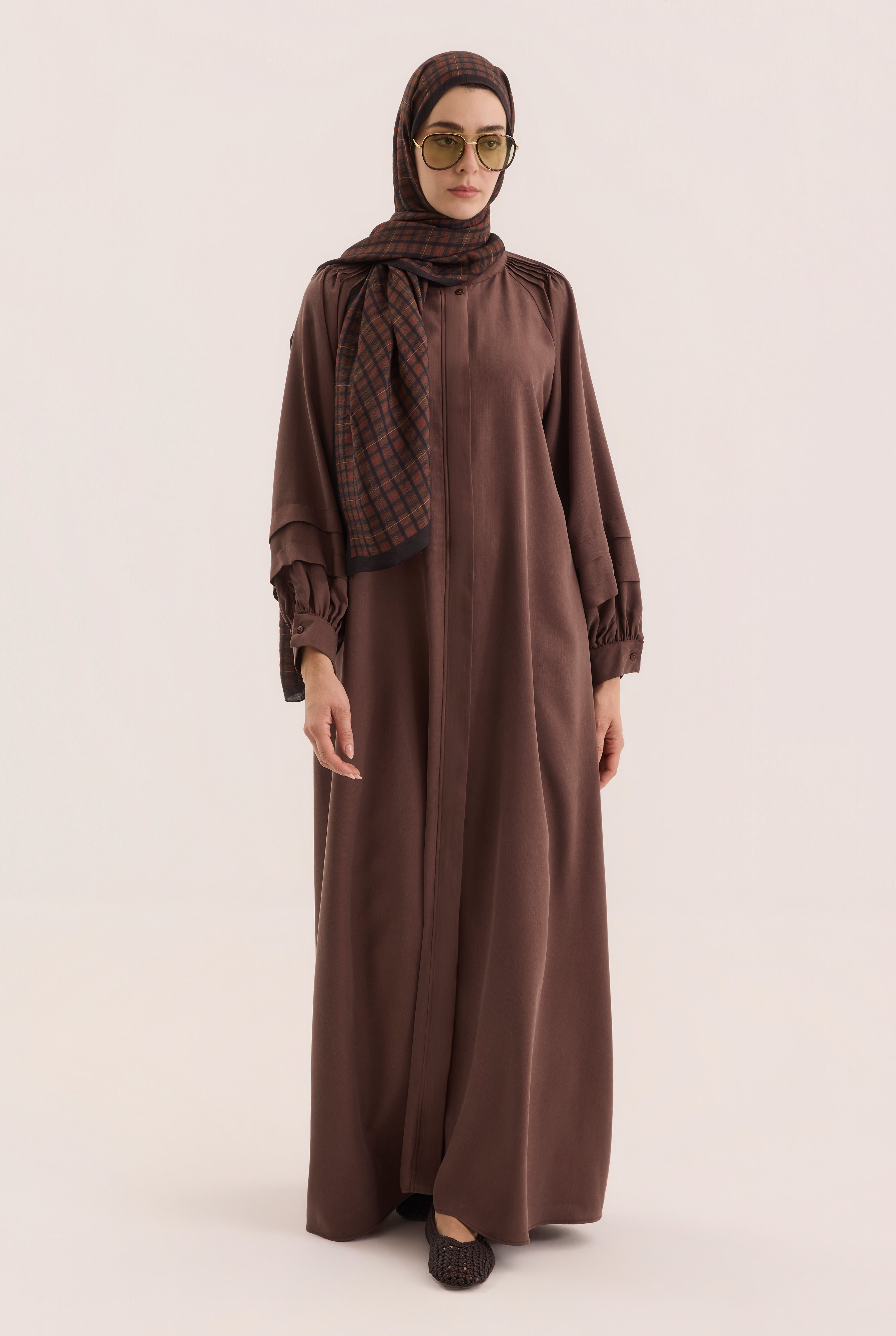 Shoulder Ruched Lyocell Abaya Dark Brown - HE-QA