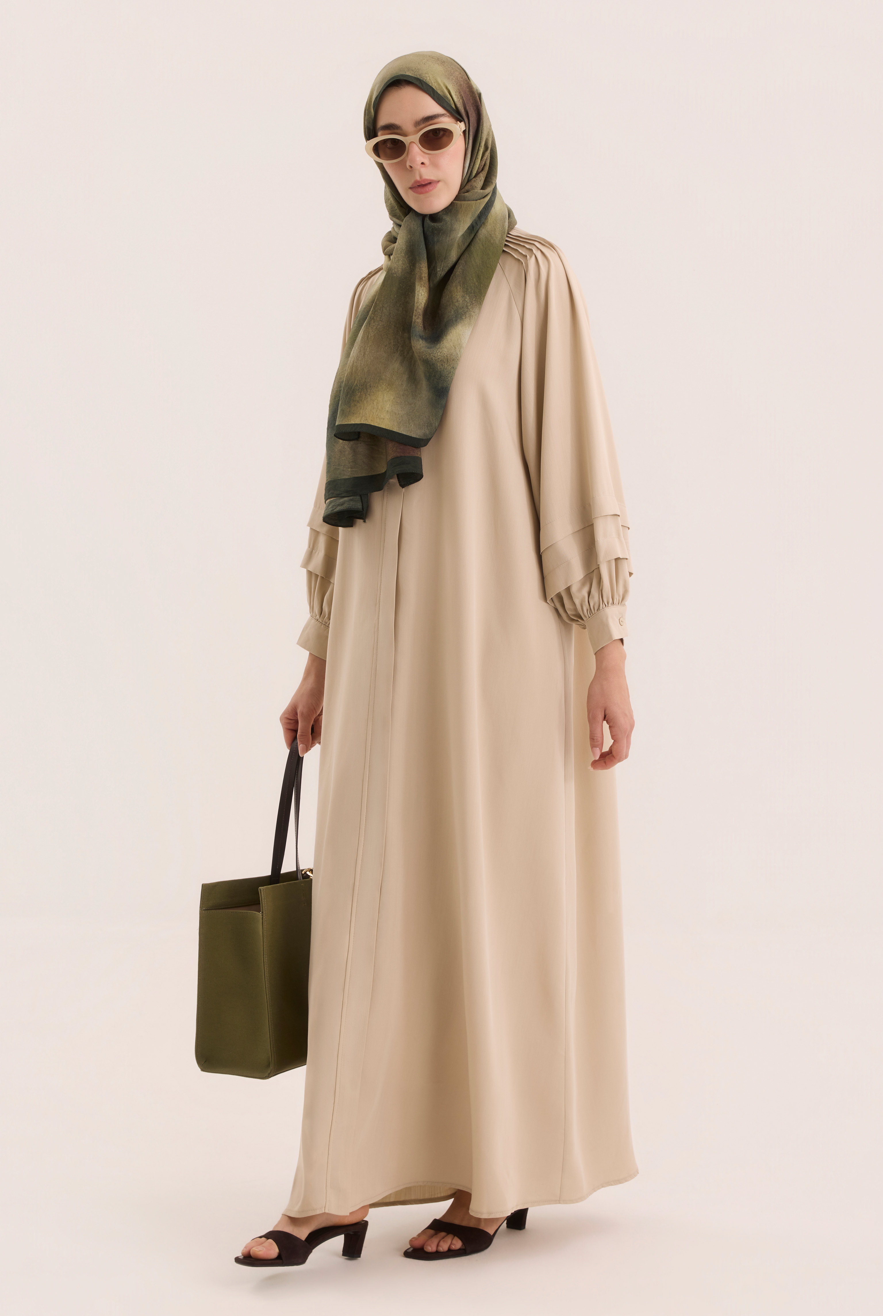 Shoulder Ruched Lyocell Abaya Stone - HE-QA