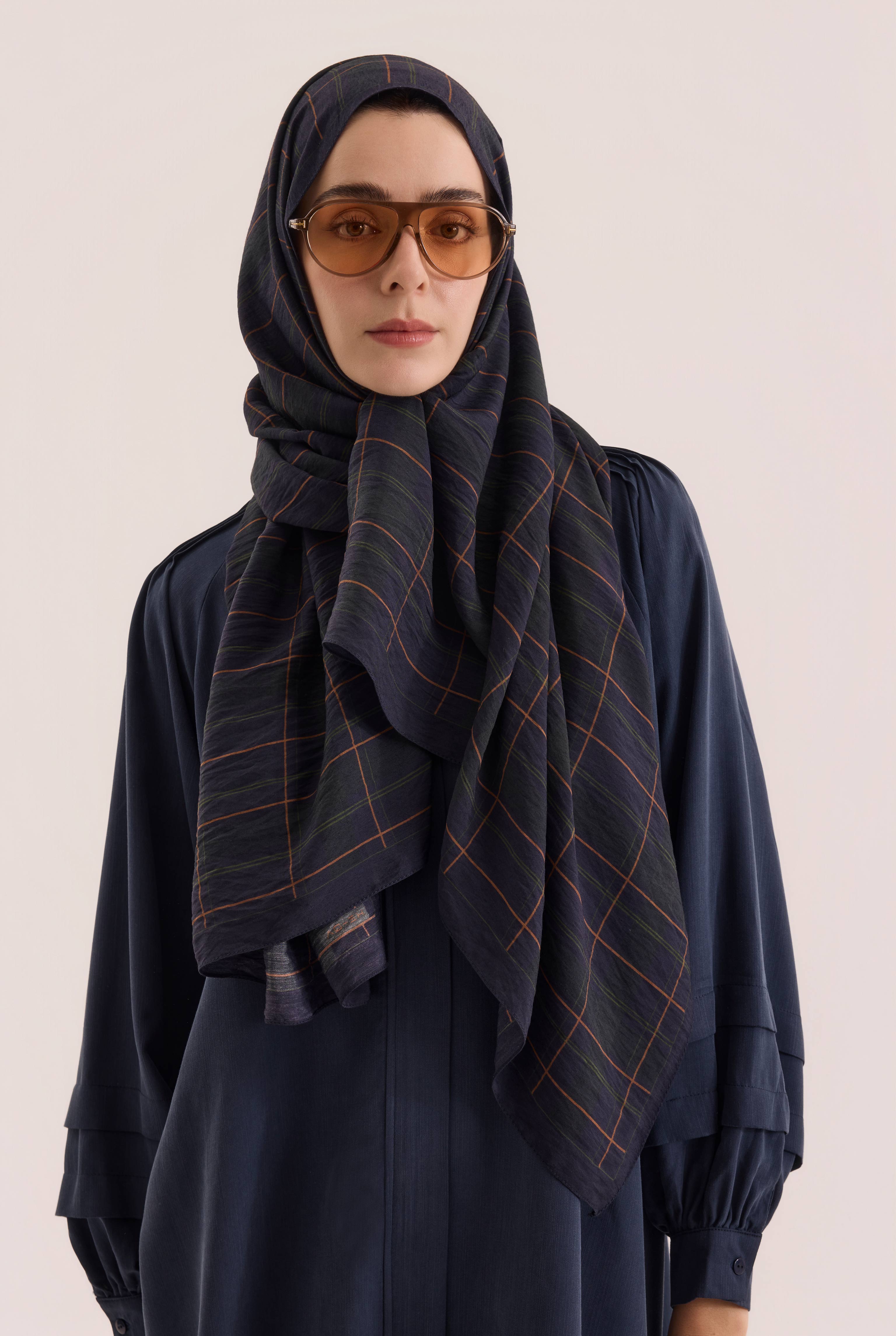Riva Plaid Shawl Dark Navy Blue - 2