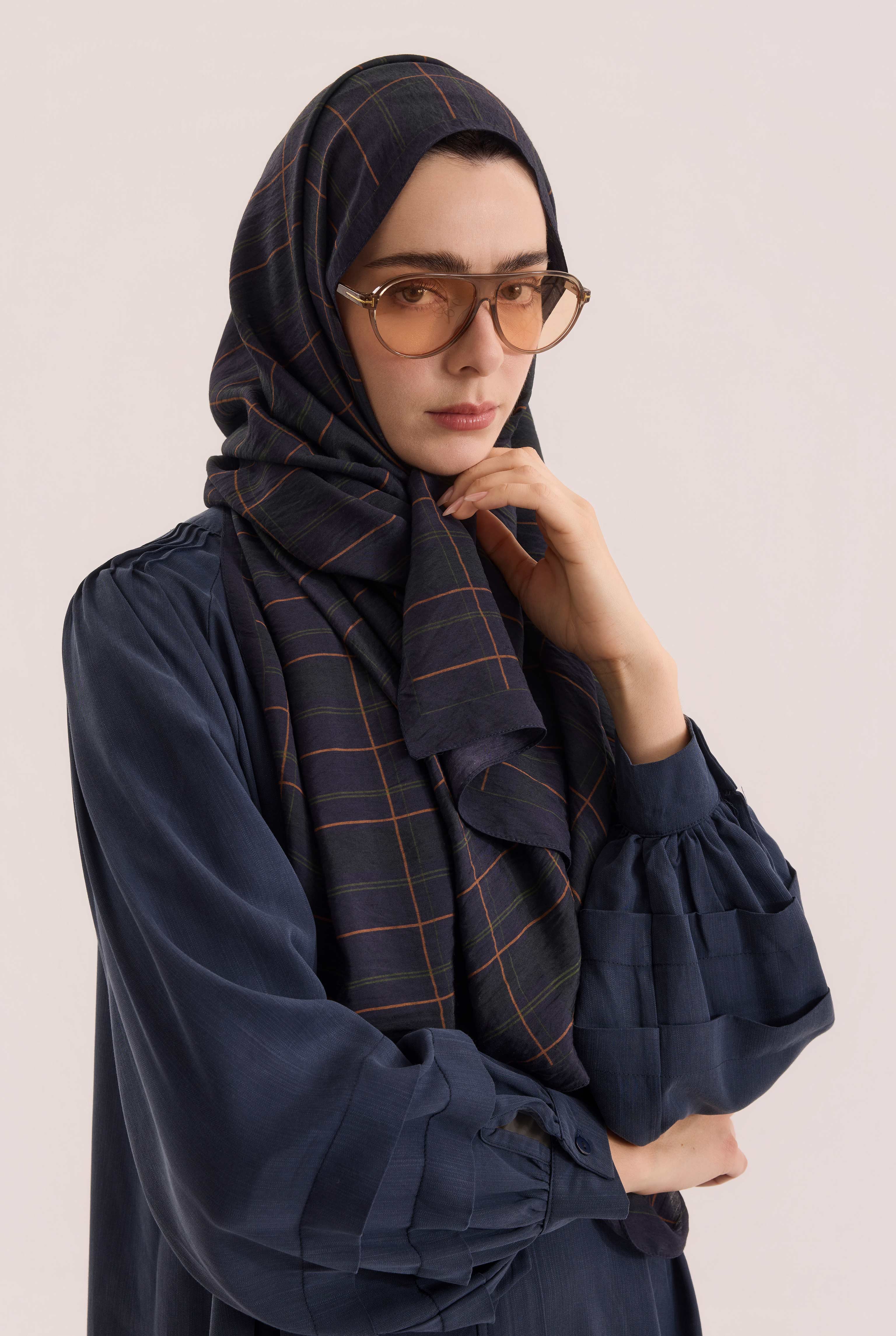 Riva Plaid Shawl Dark Navy Blue - HE-QA