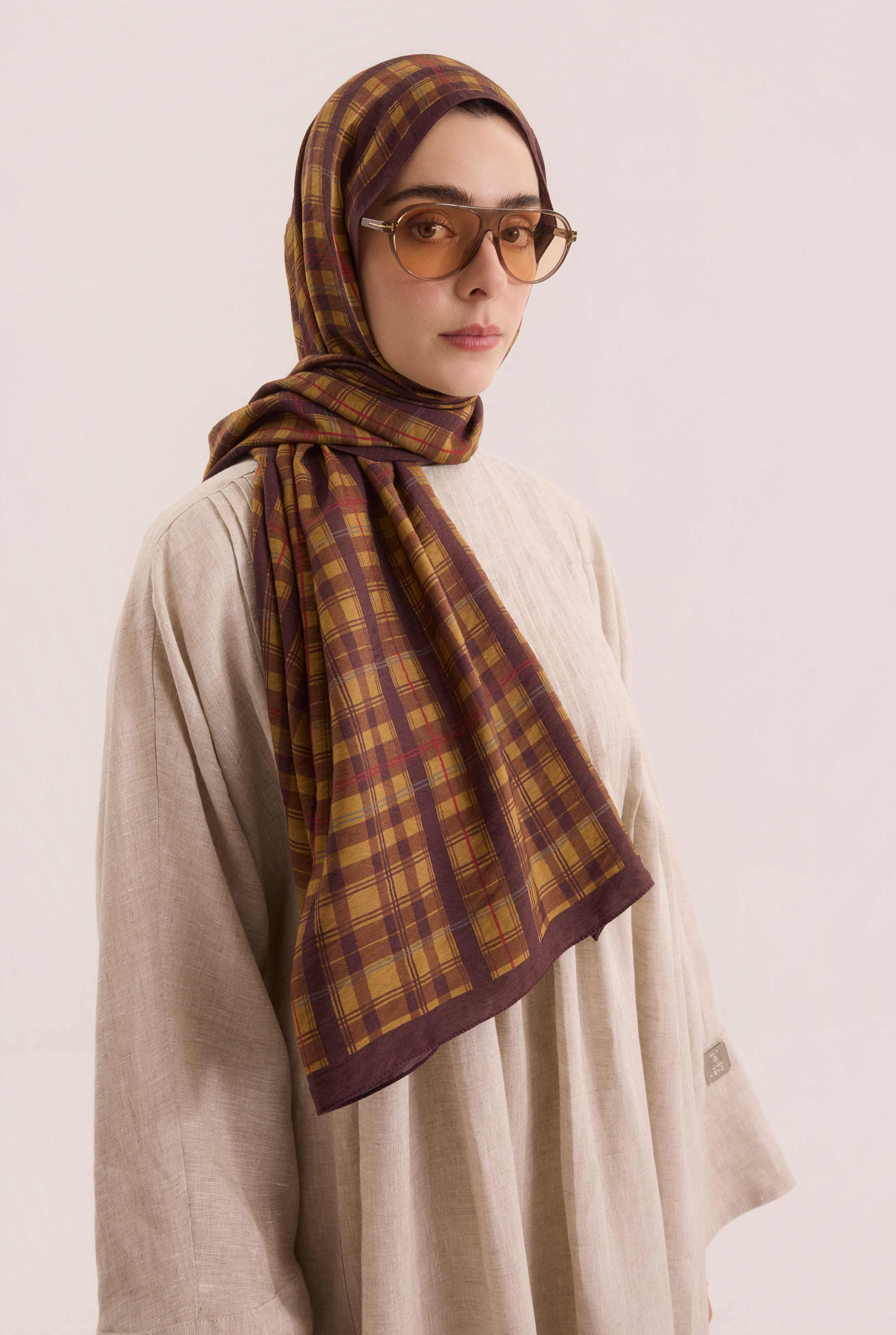 Pera Plaid Shawl Tan - HE-QA